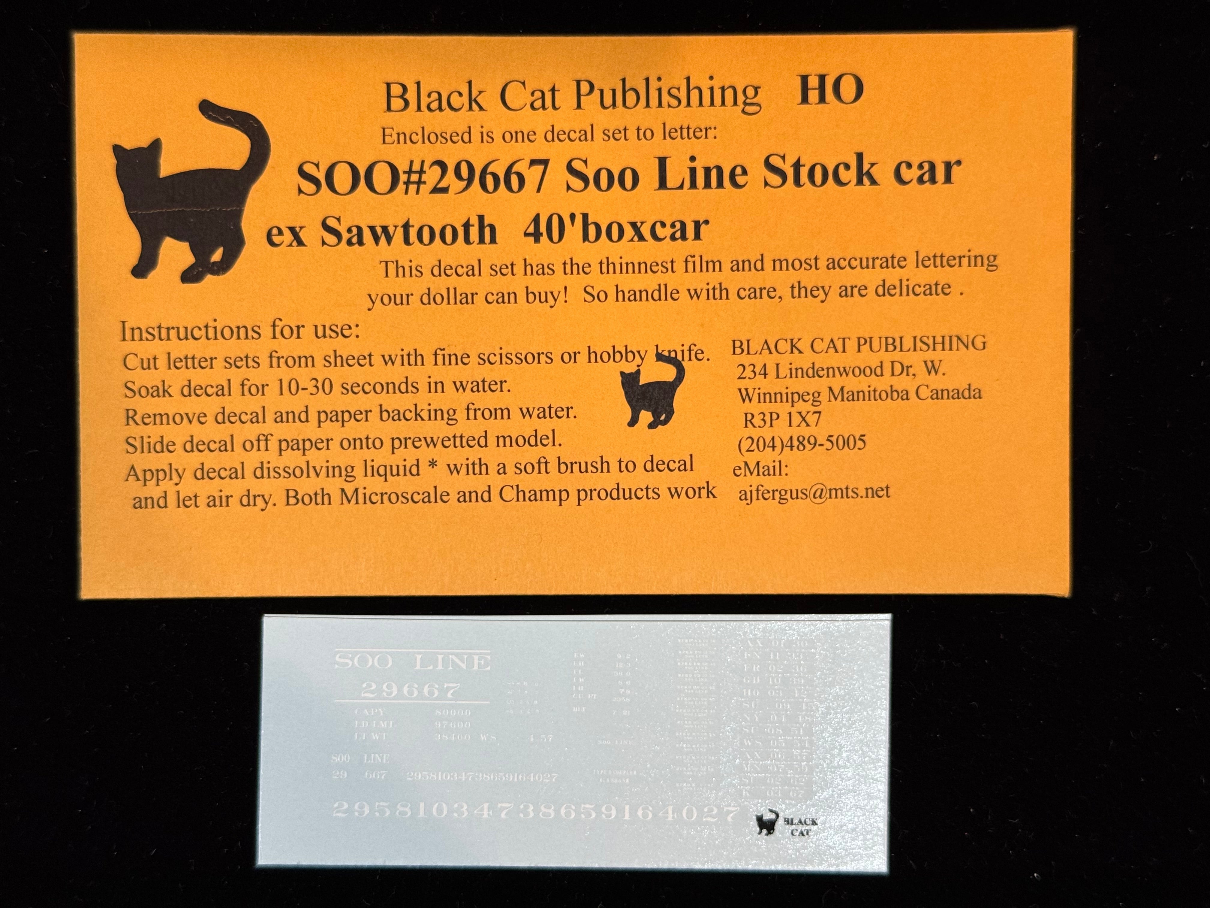 Black Cat Decals SOO29667 HO SOO Line Stock Car ex Sawtooth 40' Boxcar
