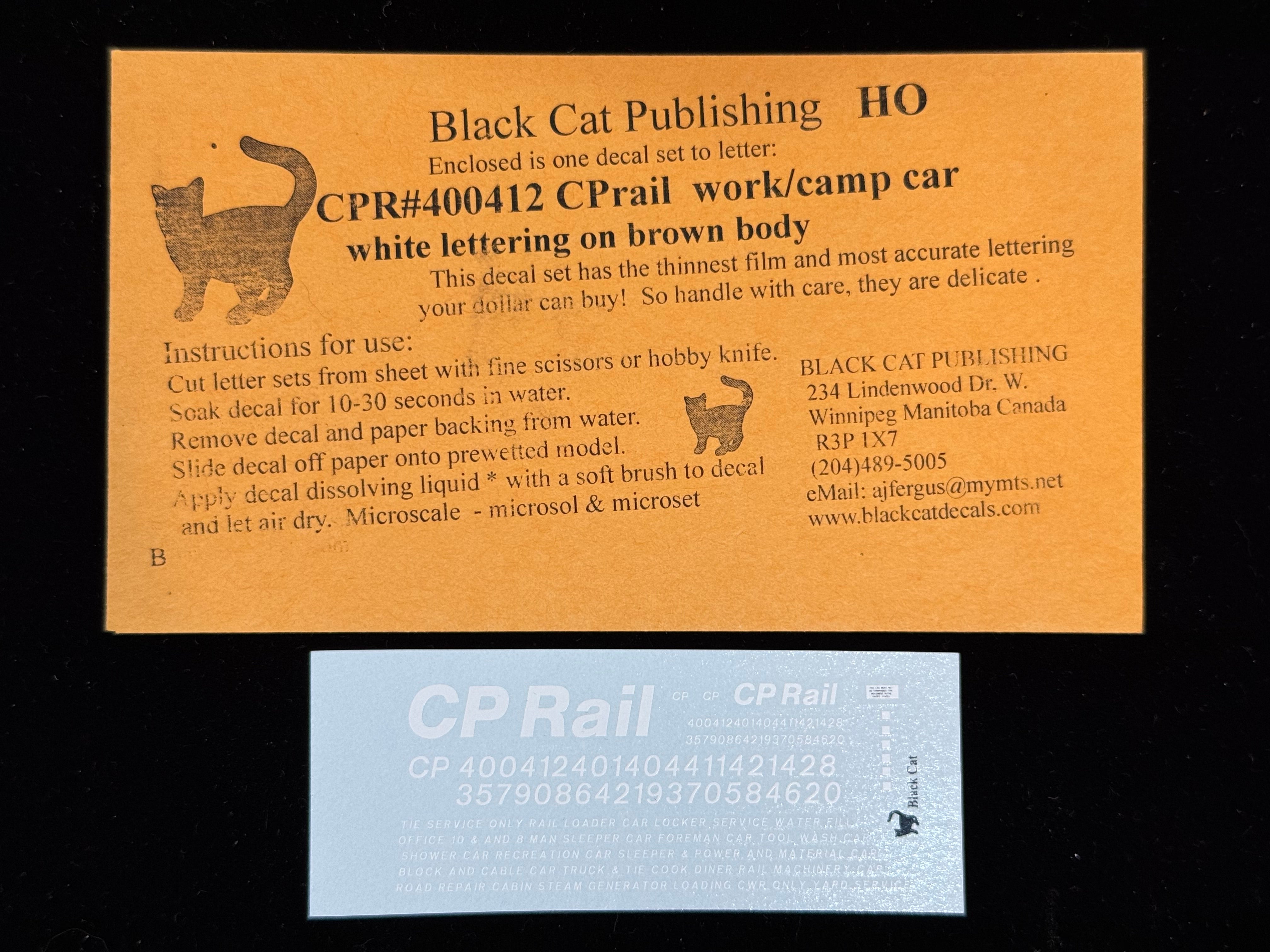 Black Cat Decals CPR400412 HO CP Rail Work/Camp Car White Lettering on Brown Body
