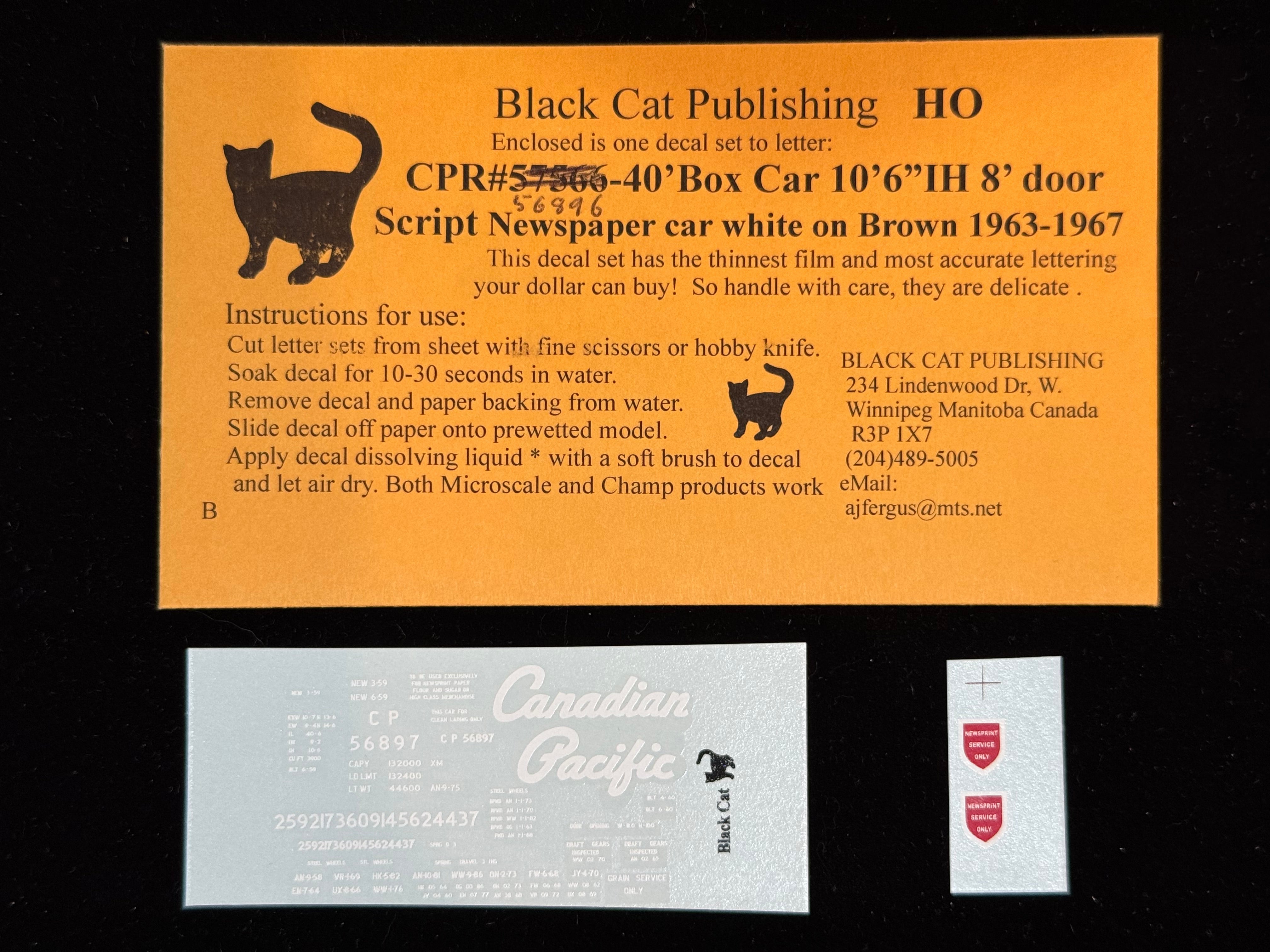 Black Cat Decals CPR56896 HO 40' Box Car 10'6" IH 8' Door Script Newspaper Car 1963-1967