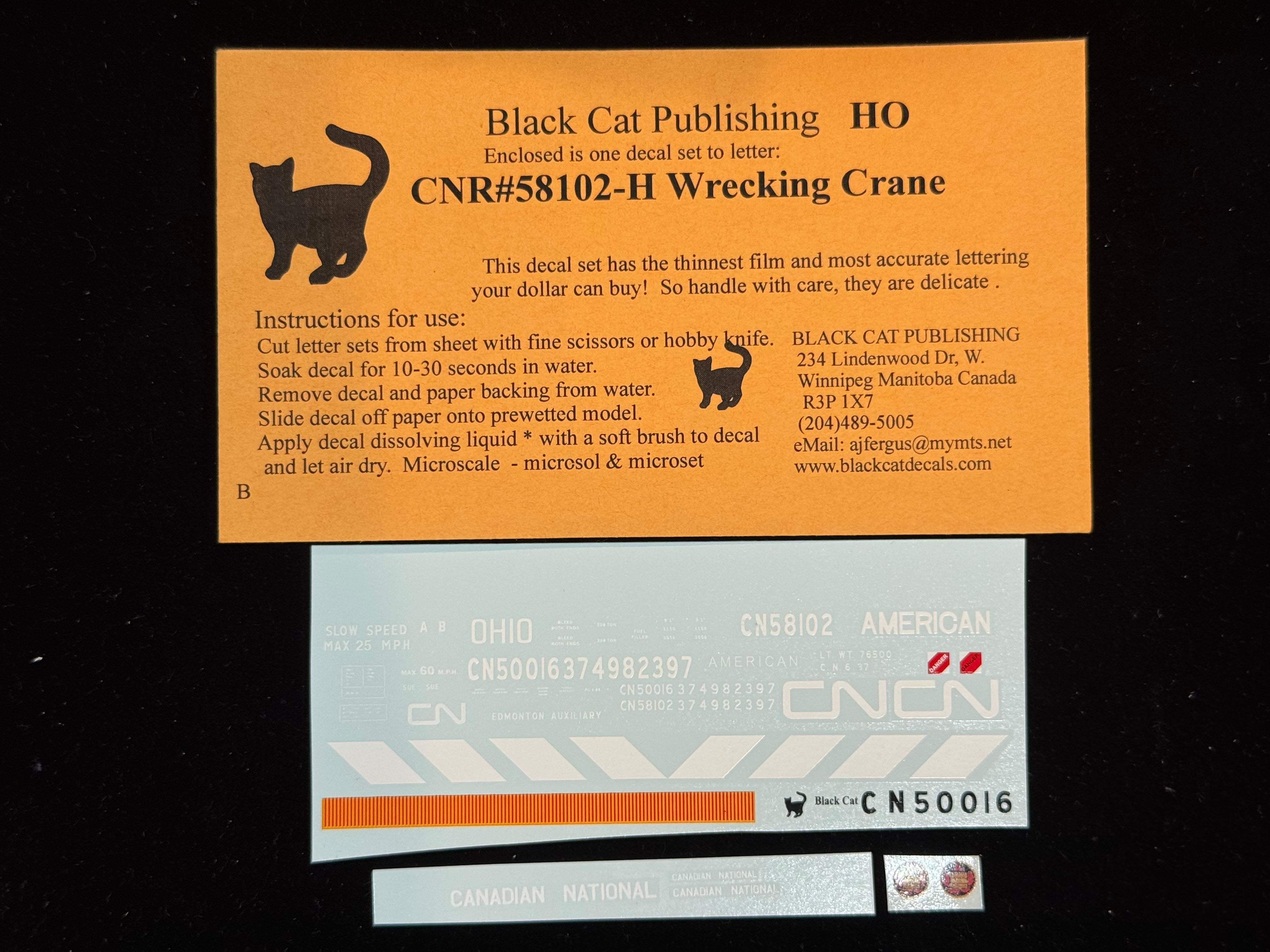 Black Cat Decals CNR58102-H HO CNR Wrecking Crane