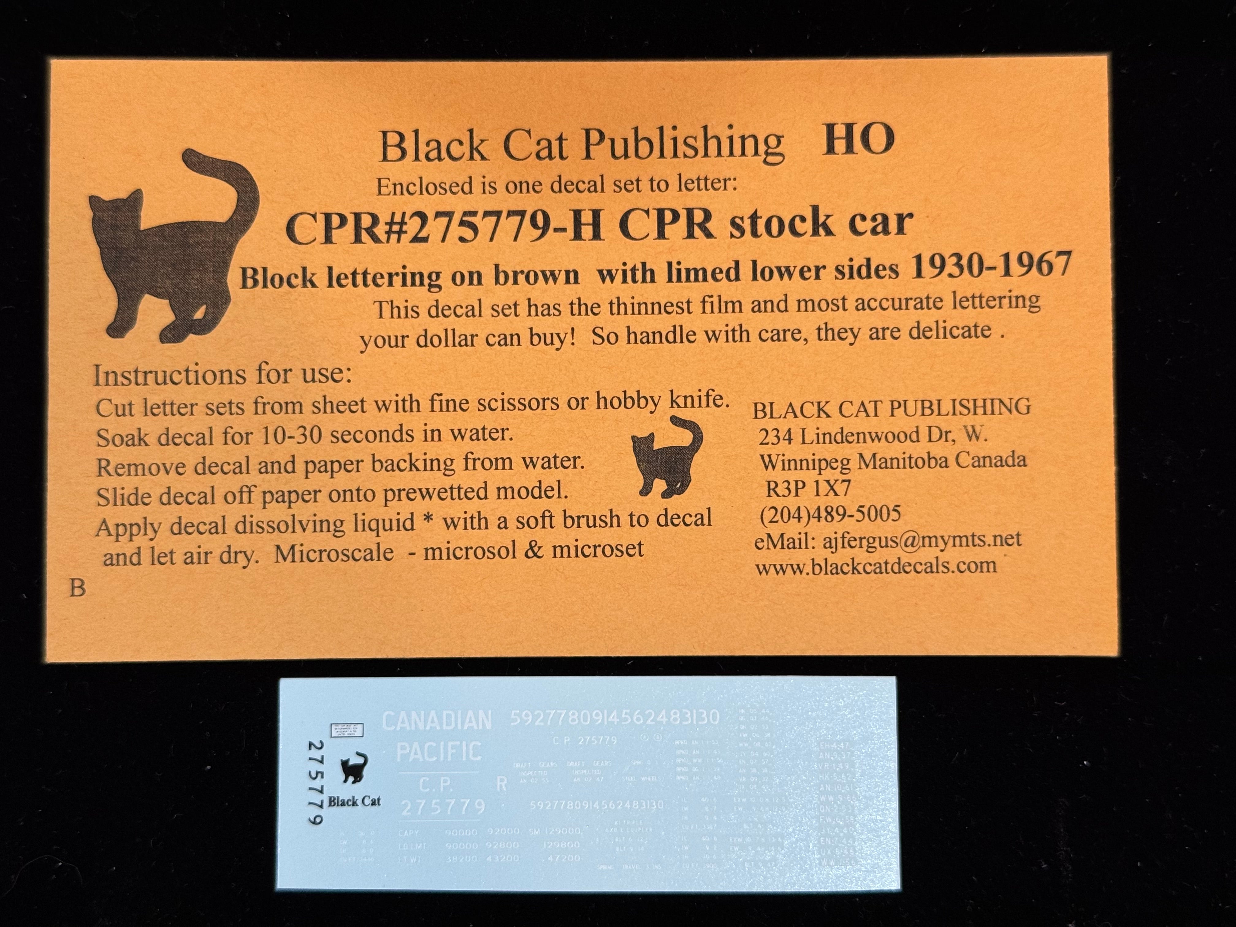 Black Cat Decals CPR275779H HO CPR Stock Car Block Lettering on Brown Lower Sides 1930-1967