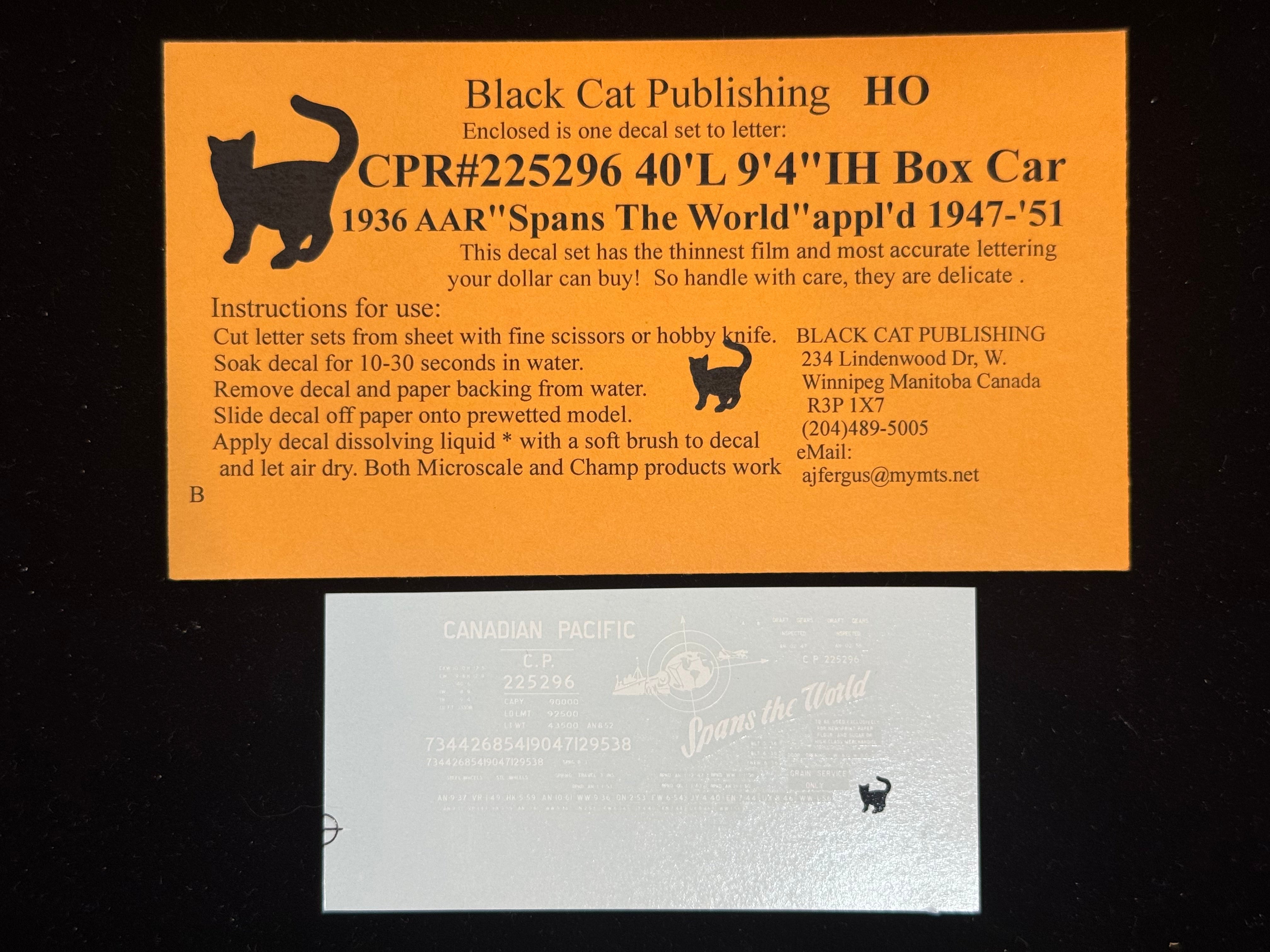Black Cat Decals CPR225296-H HO 40'L 9'4" IH Box Car 1936 AAR "Spans The World" 1947-51