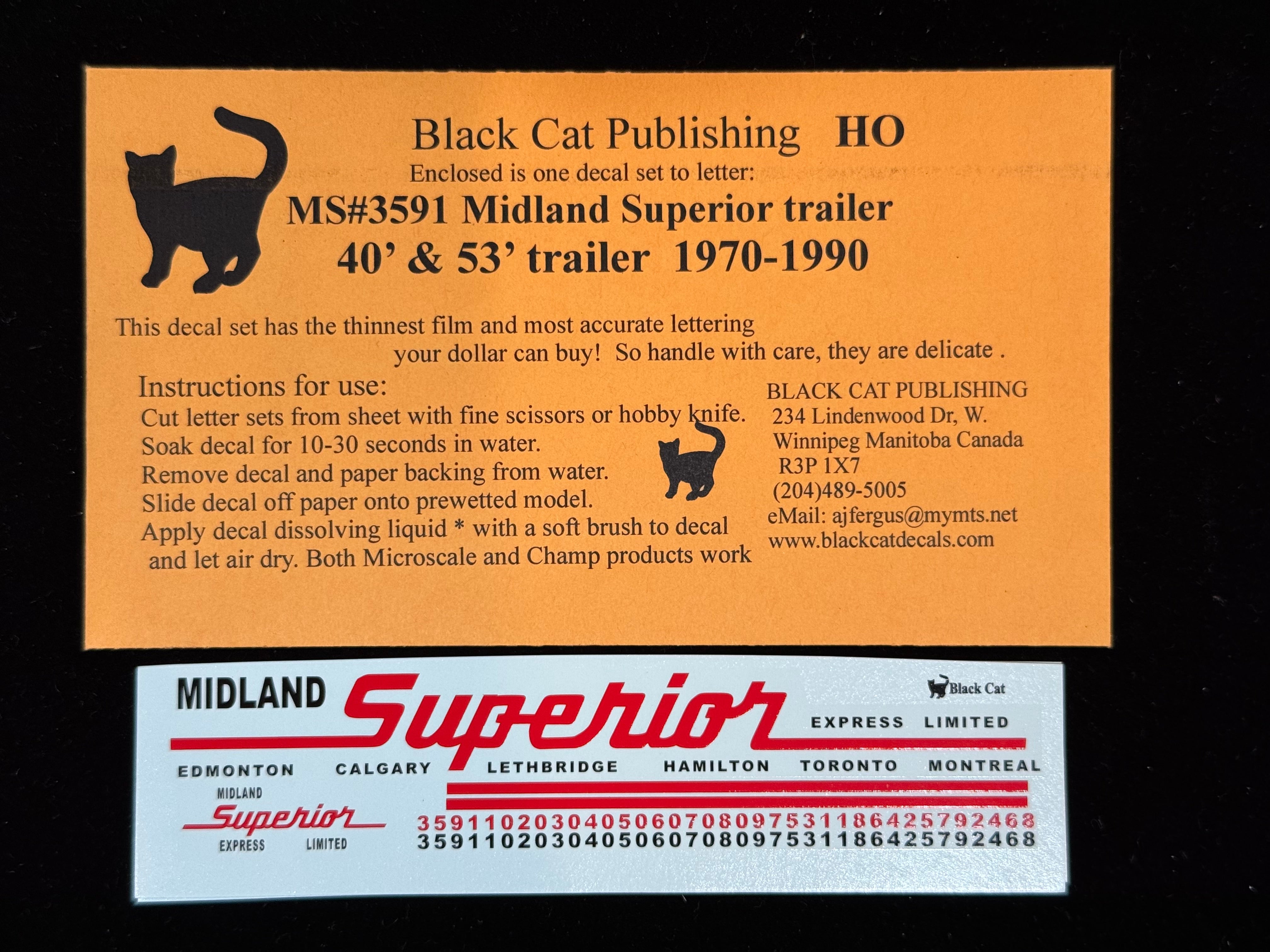 Black Cat Decals MS3591 HO Midland Superior 40' & 53' Trailer 1970-1990
