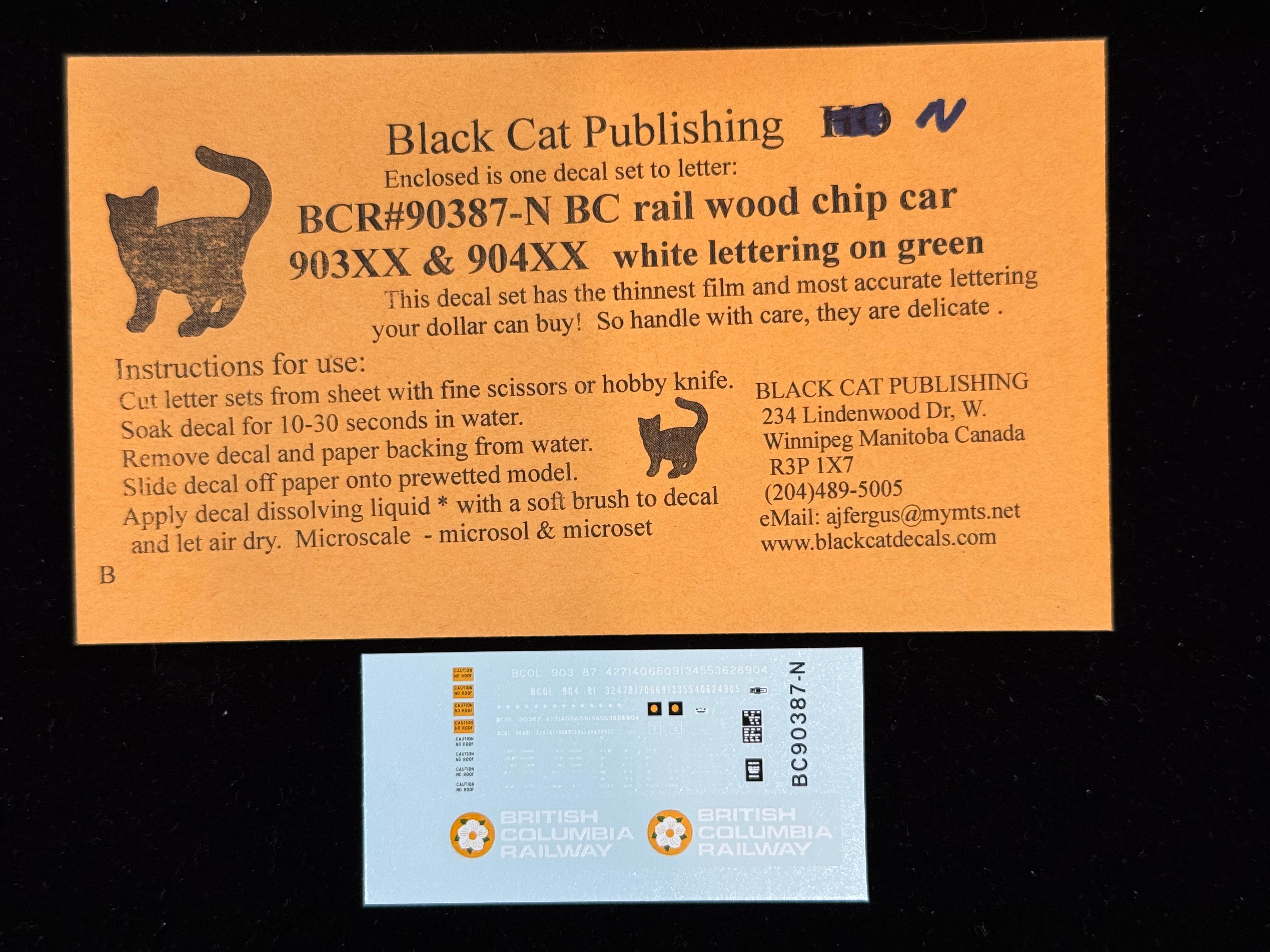Black Cat Decals BCR90387-N N Scale BC Rail Wood Chip Car 903XX & 904XX White Lettering on Green
