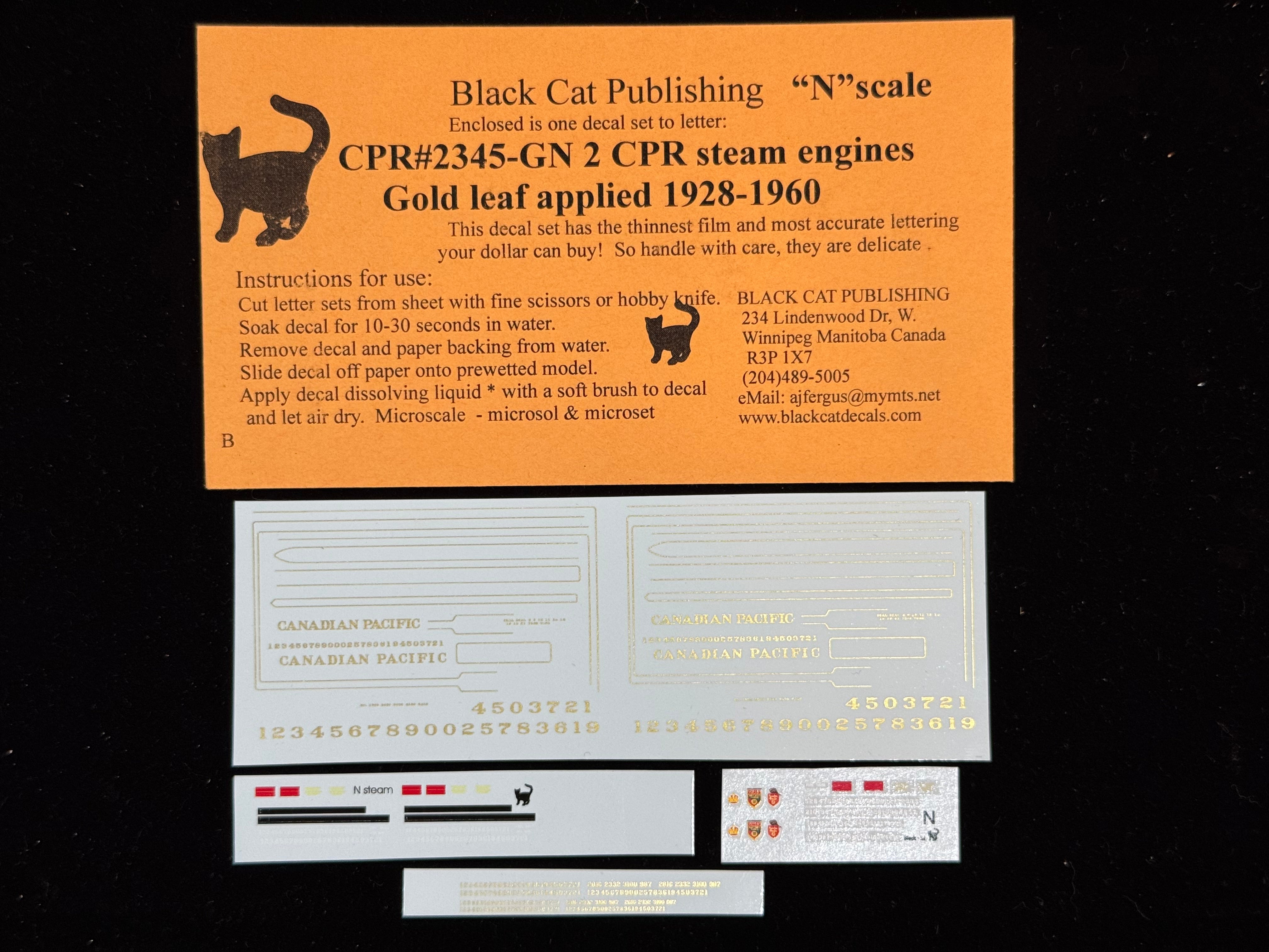 Black Cat Decals CPR2345-GN N CPR Steam Engines Gold Leaf - Set Does 2 Locos - One Large and One Small 1928-1960