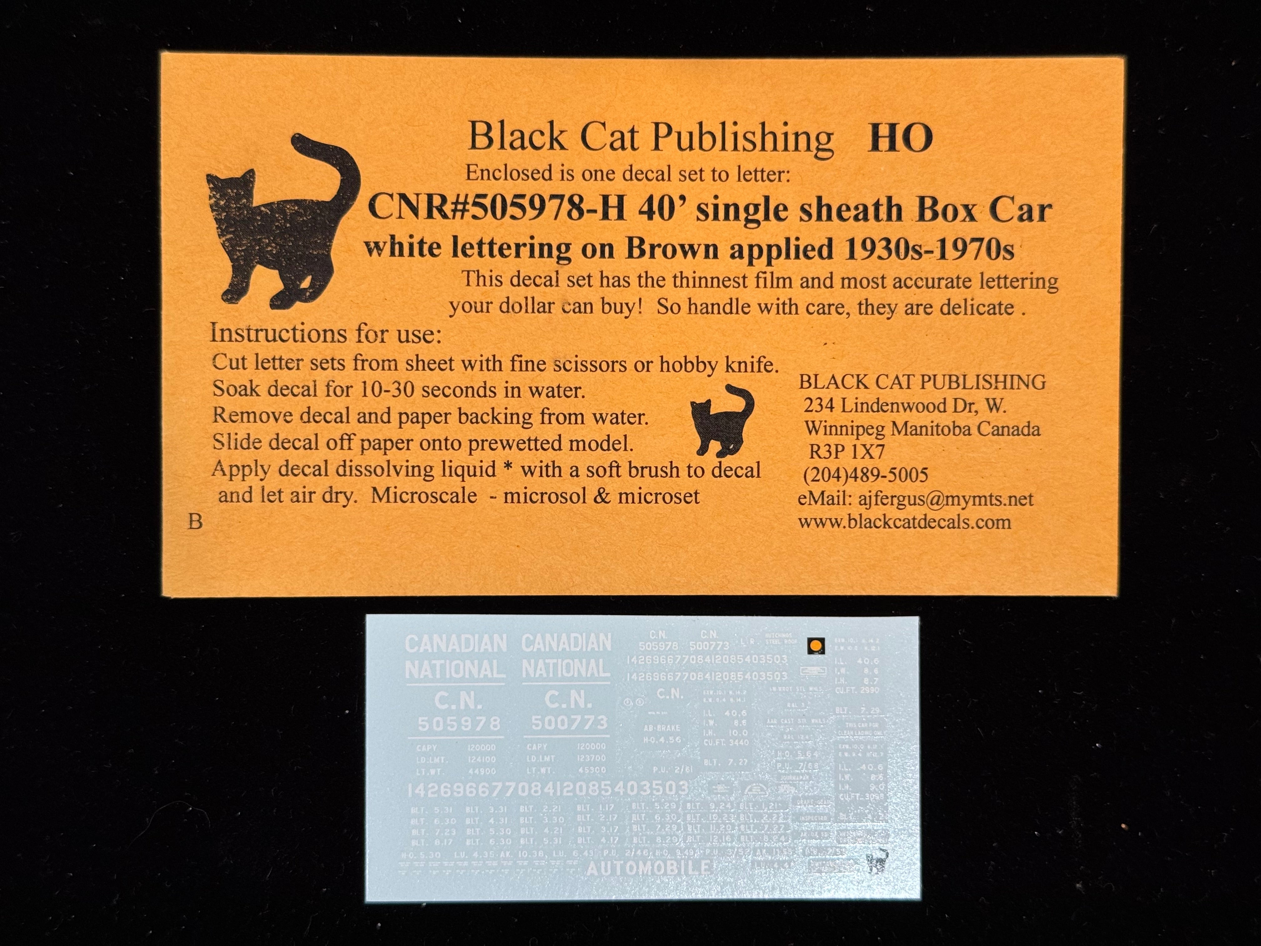 Black Cat Decals CNR505978-H HO 40' Single Sheath Box Car White Lettering on Brown 1930's-1970's
