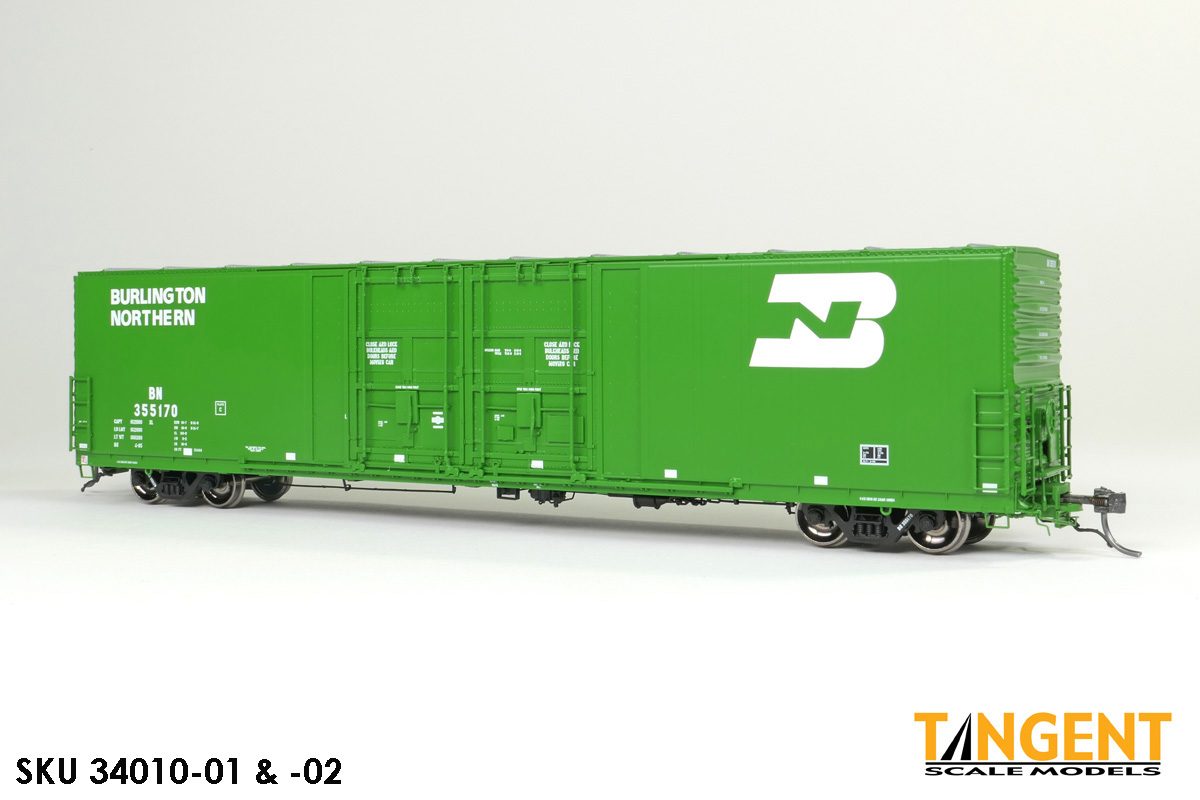 Tangent HO 34010-01 Burlington Northern (BN) Repaint 4-1985 Thrall 5,880CuFt 60′ Double Plug Door Box Car #355170