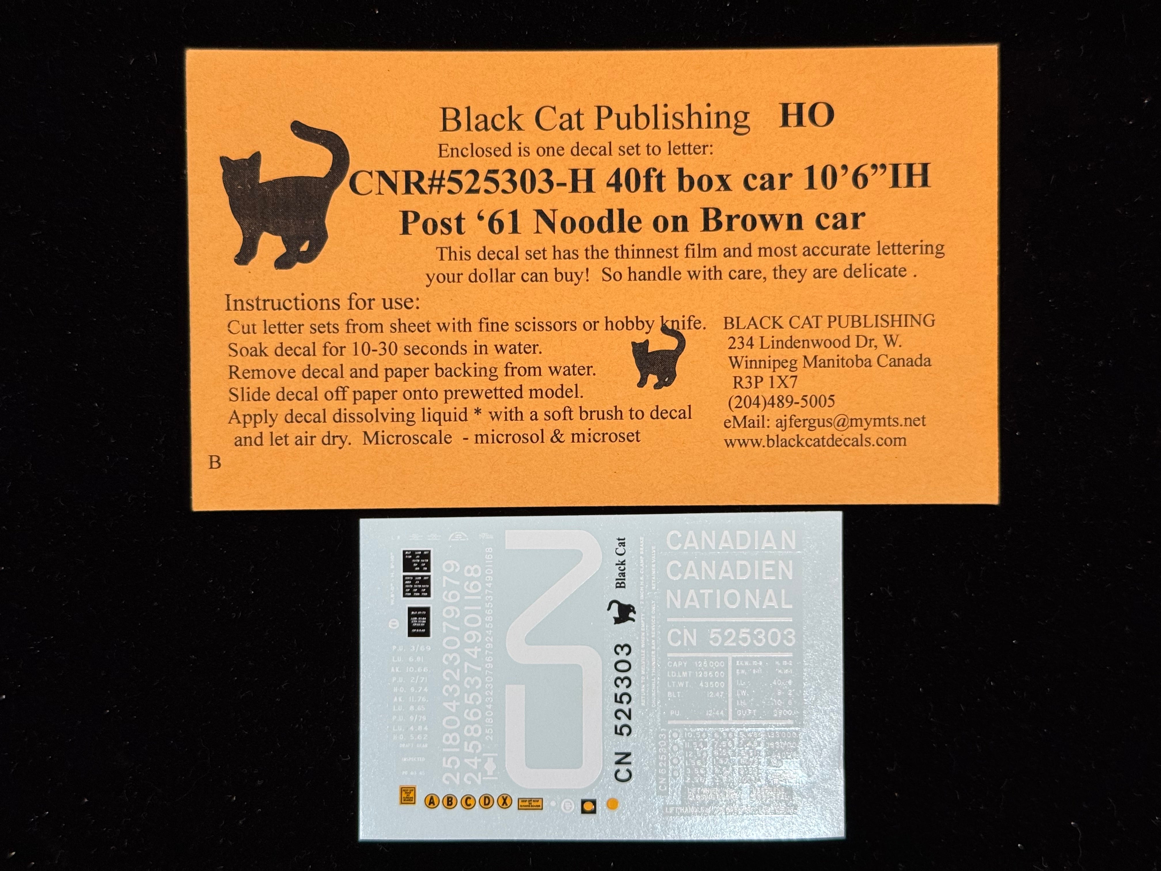 Black Cat Decals CNR525303-H HO CN 40 ft box 10'6" IH post 61 Noodle on Brown Car