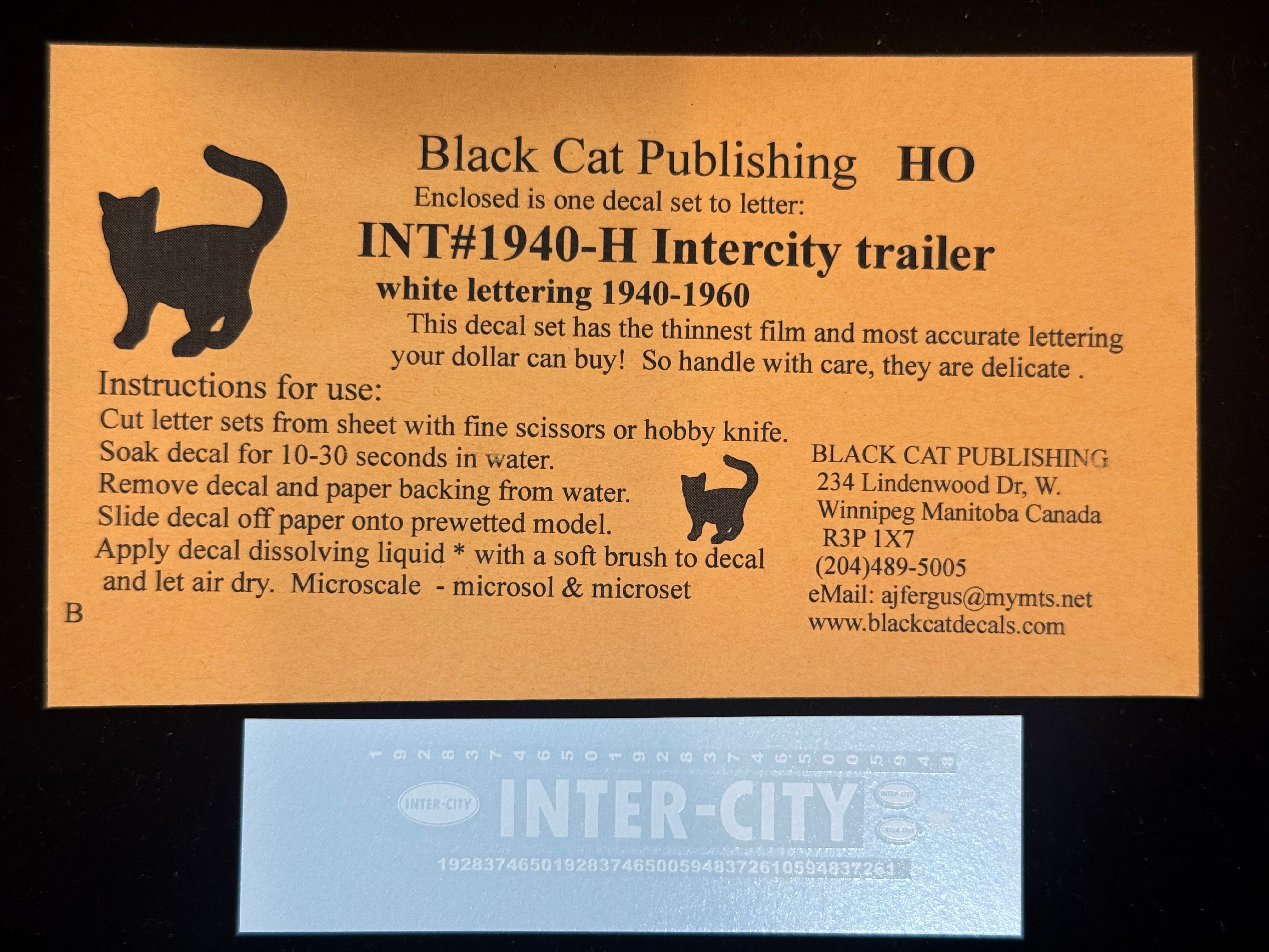 Black Cat Decals INT1940-H HO Intercity Trailer White Lettering 1940-1960