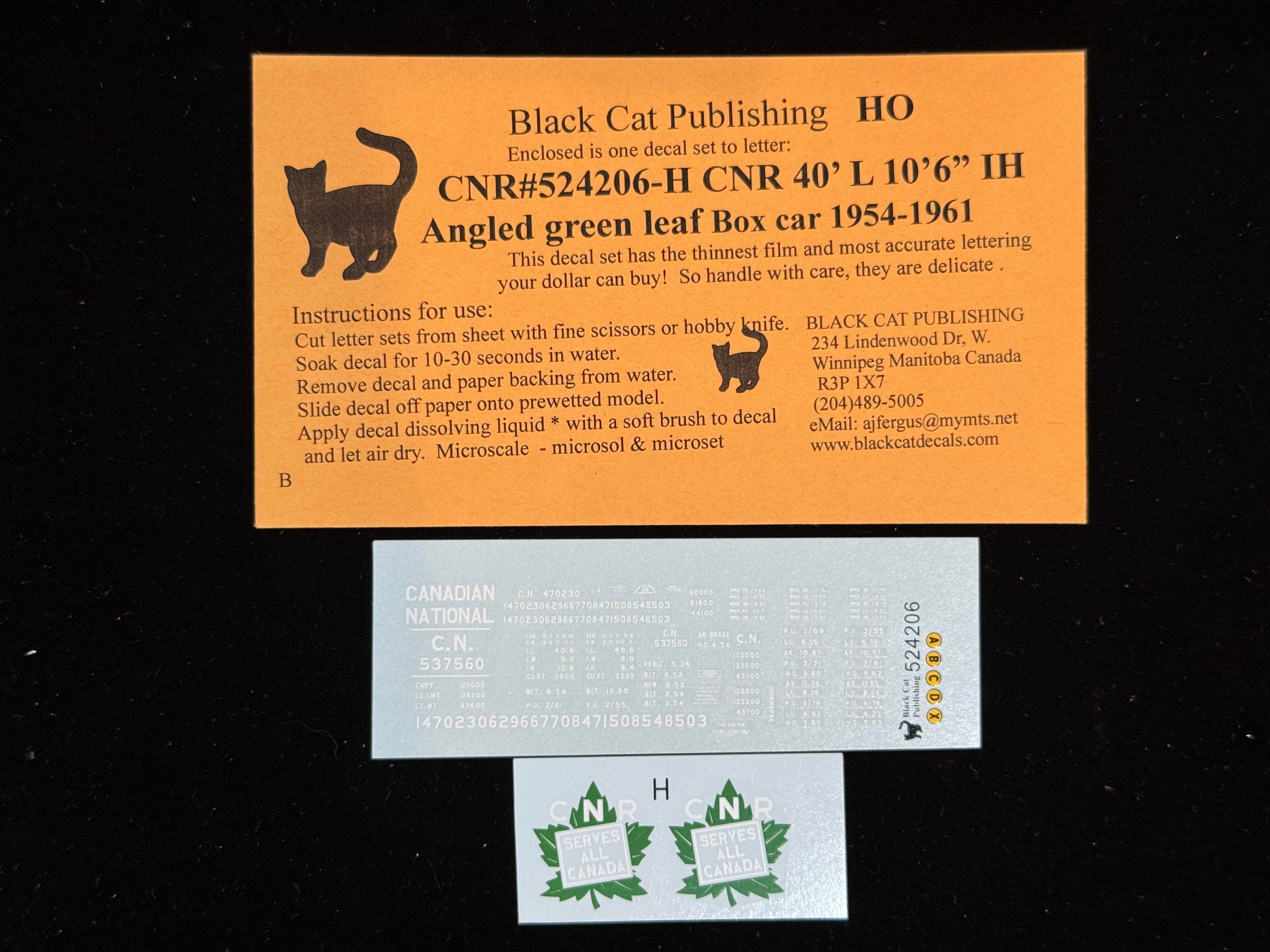Black Cat Decals CNR524206-H HO CNR 40' L 10'6" IH Angled Green Leaf Box Car 1954-1961
