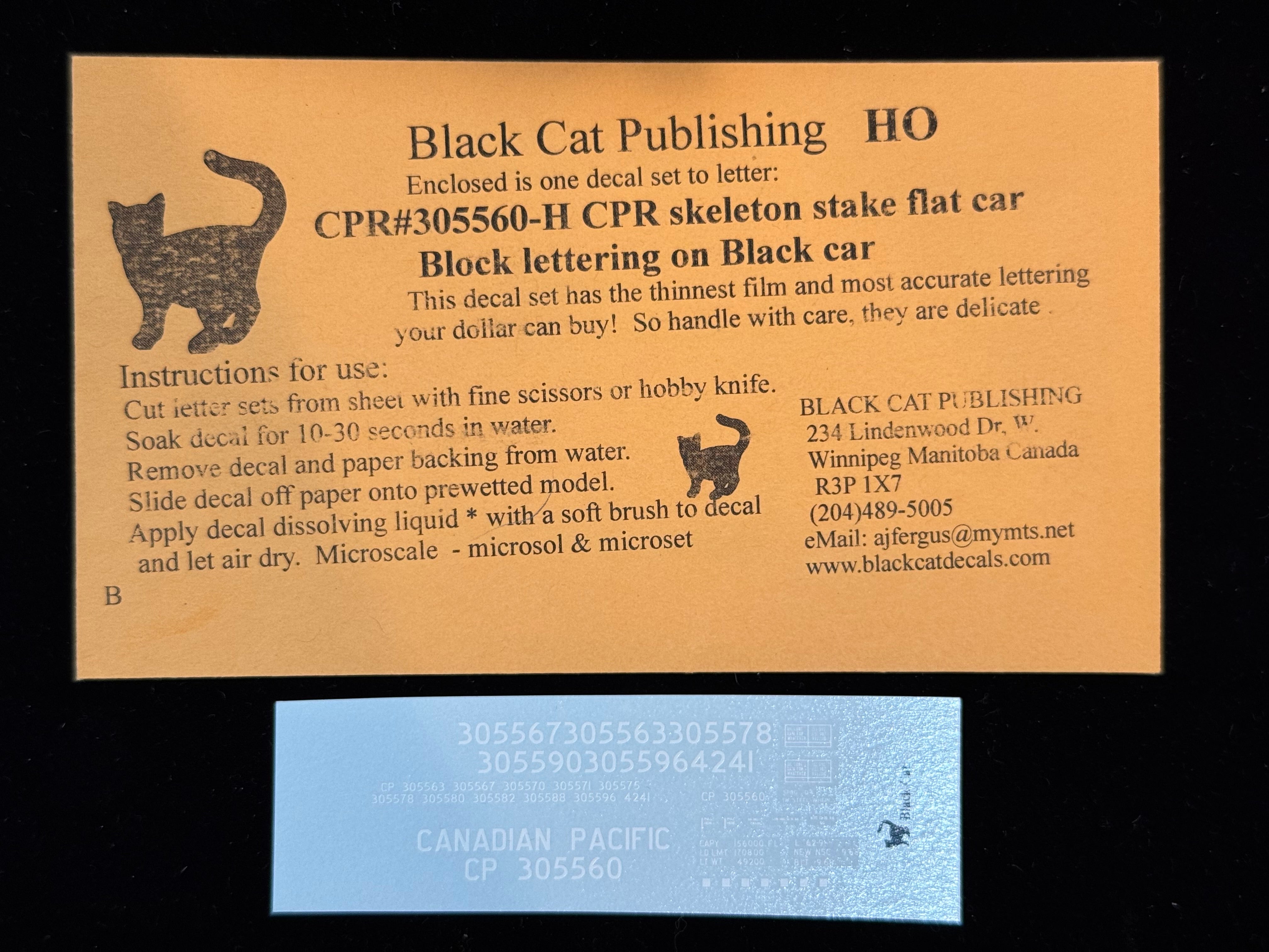 Black Cat Decals CPR305560-H HO CPR Skeleton Stake Flat Car Block Lettering on Black Car
