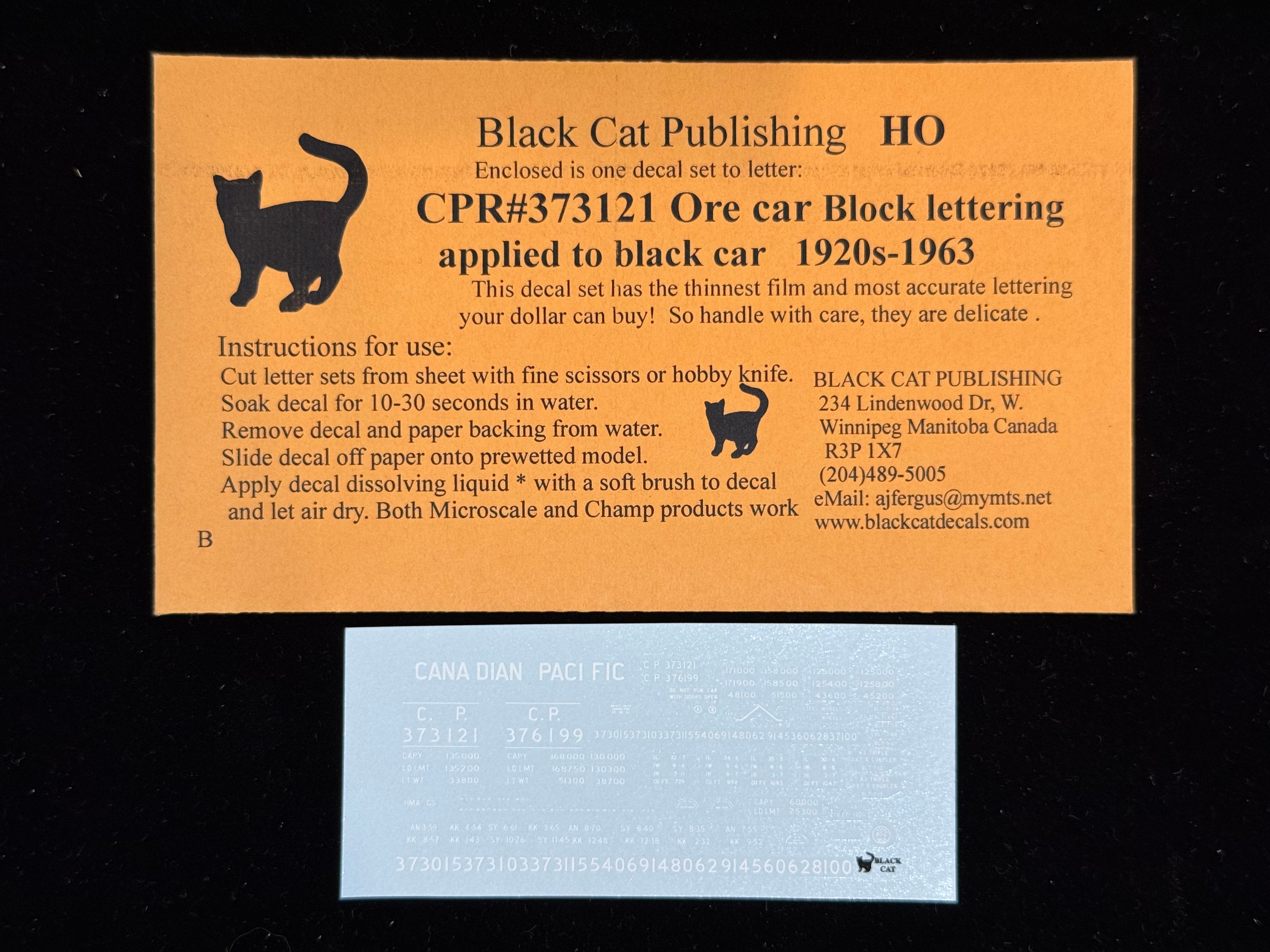 Black Cat Decals CPR373121 HO CPR Ore Car Block Lettering Applied to Black Car 1920's-1963