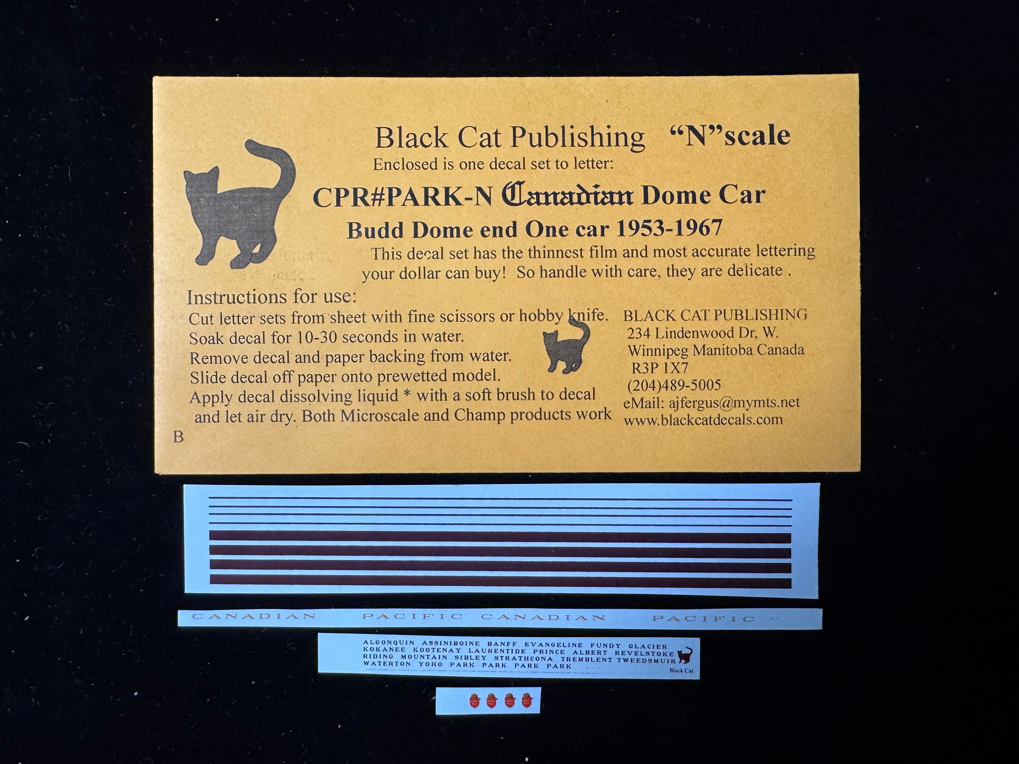 Black Cat Decals CPRPARK-N N Scale CANADIAN Dome Car Budd Dome End Car 1953-67
