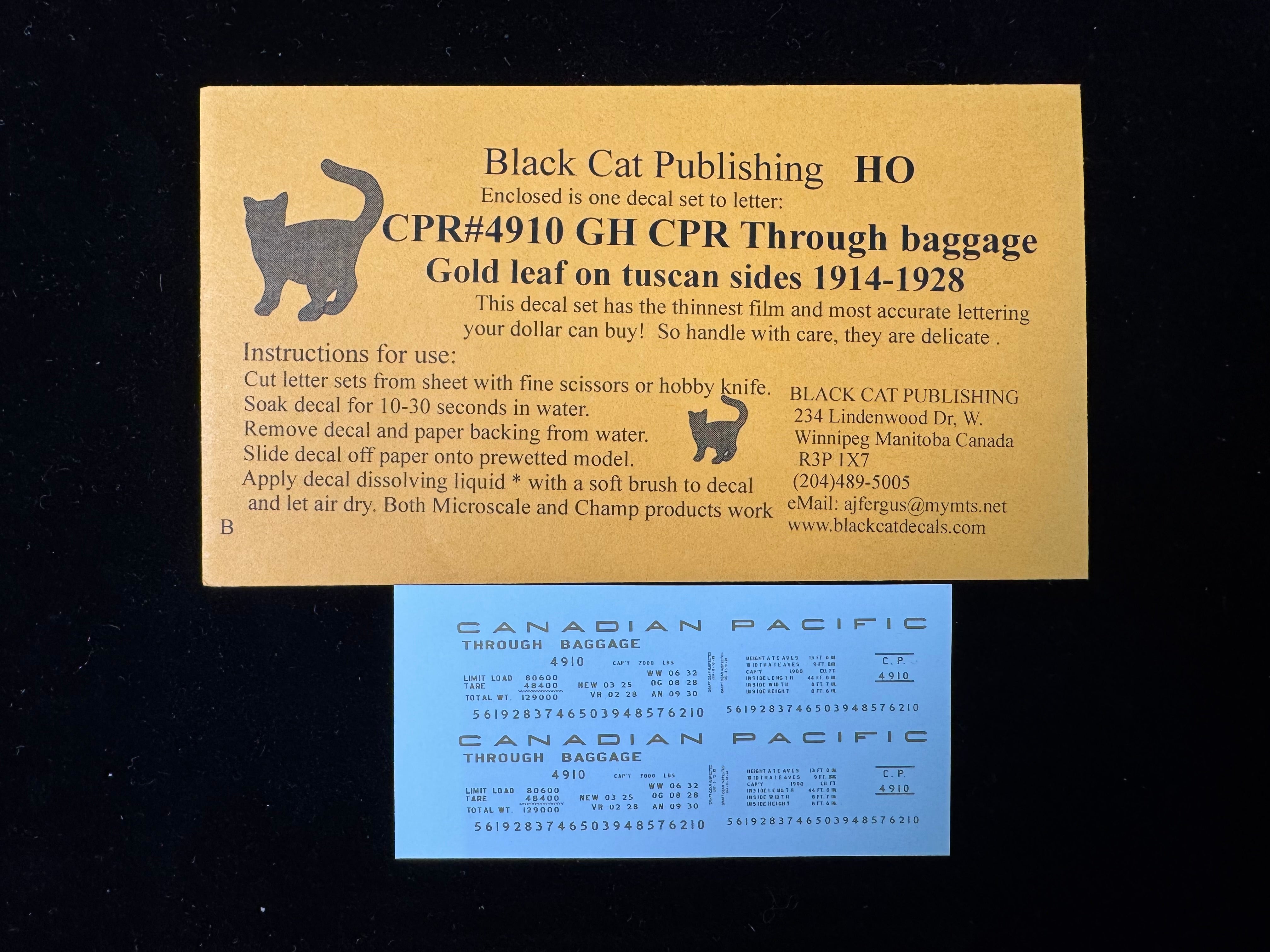 Black Cat Decals CPR4910-GH HO Express through baggage 1914-1928 era Gold leaf