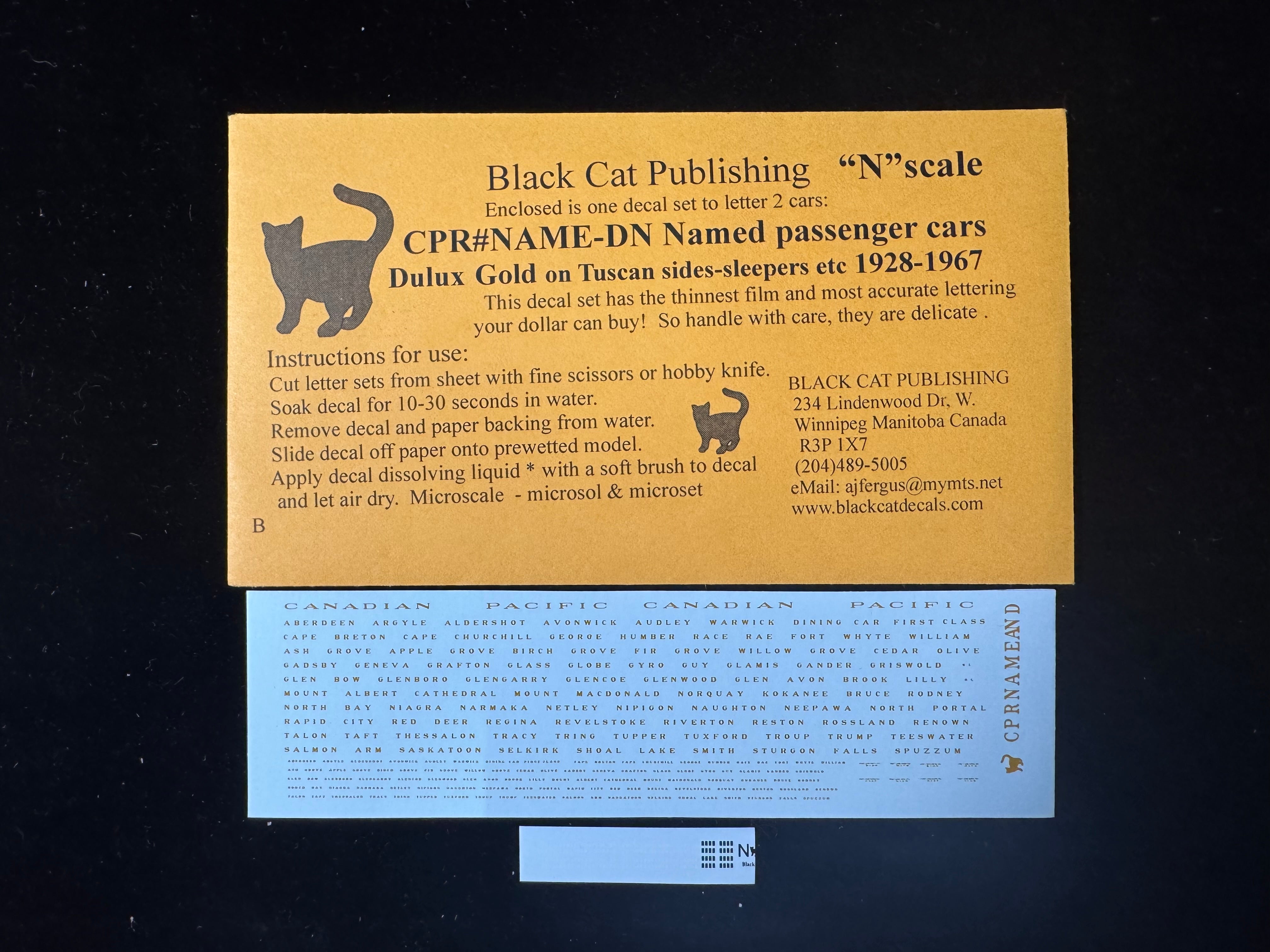 Black Cat Decals CPRName-DN N Scale Named Passenger Cars in Dulux Gold 1928-67
