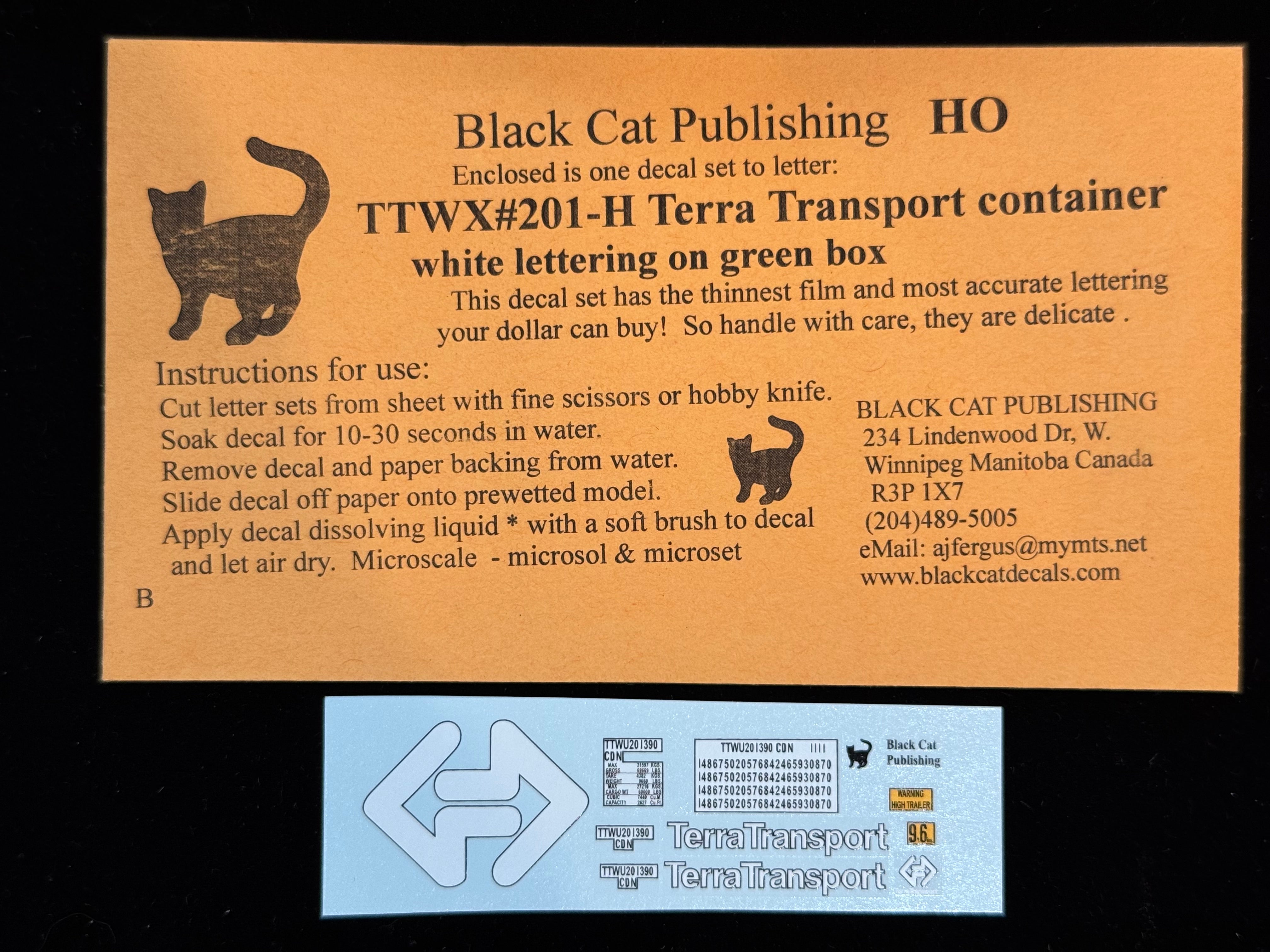 Black Cat Decals TTWX201-H HO Terra Transport Container White Lettering on Green Box