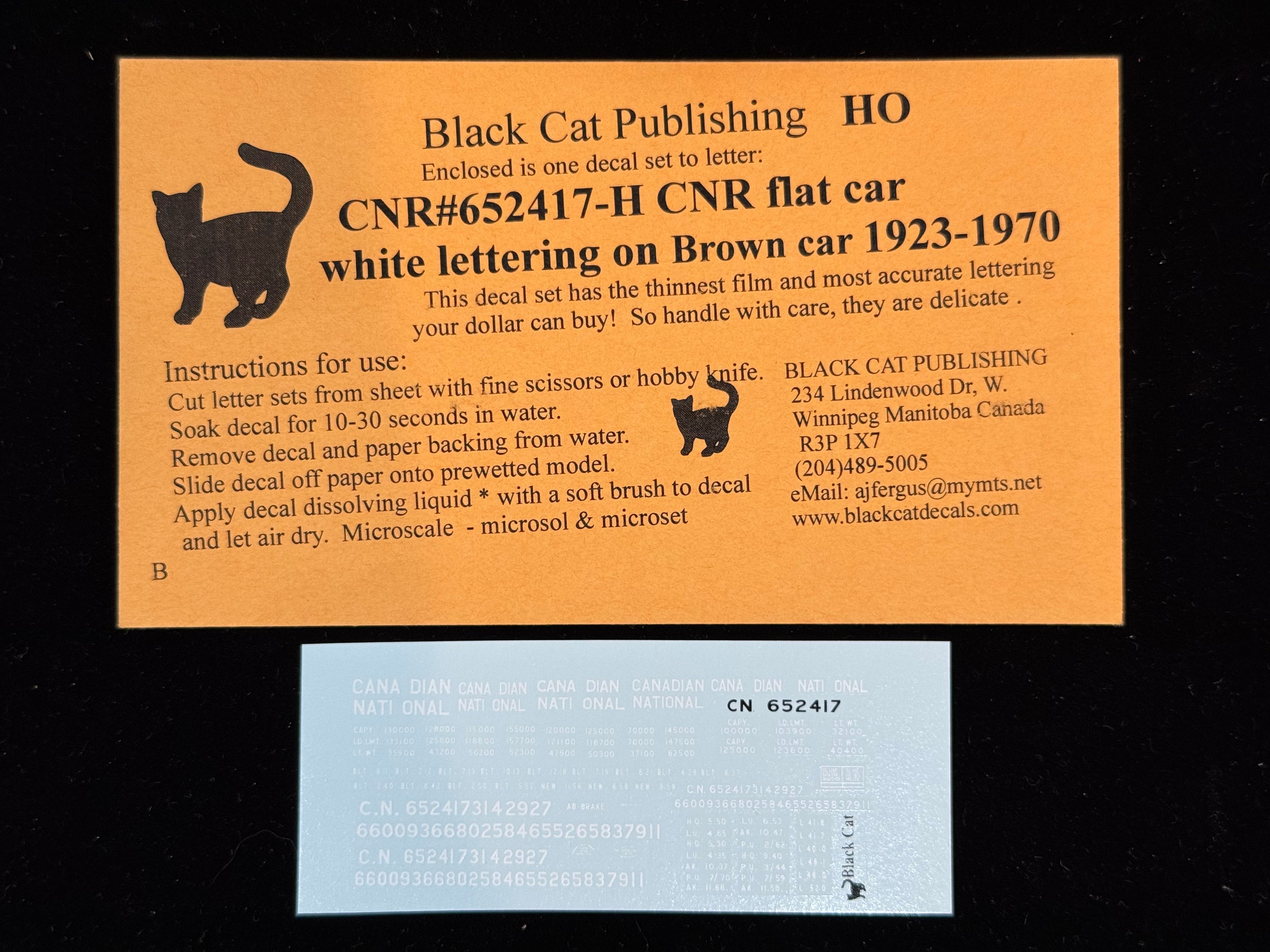 Black Cat Decals CNR652417-H HO CNR Flat Car White Lettering on Brown Car 1923-1970