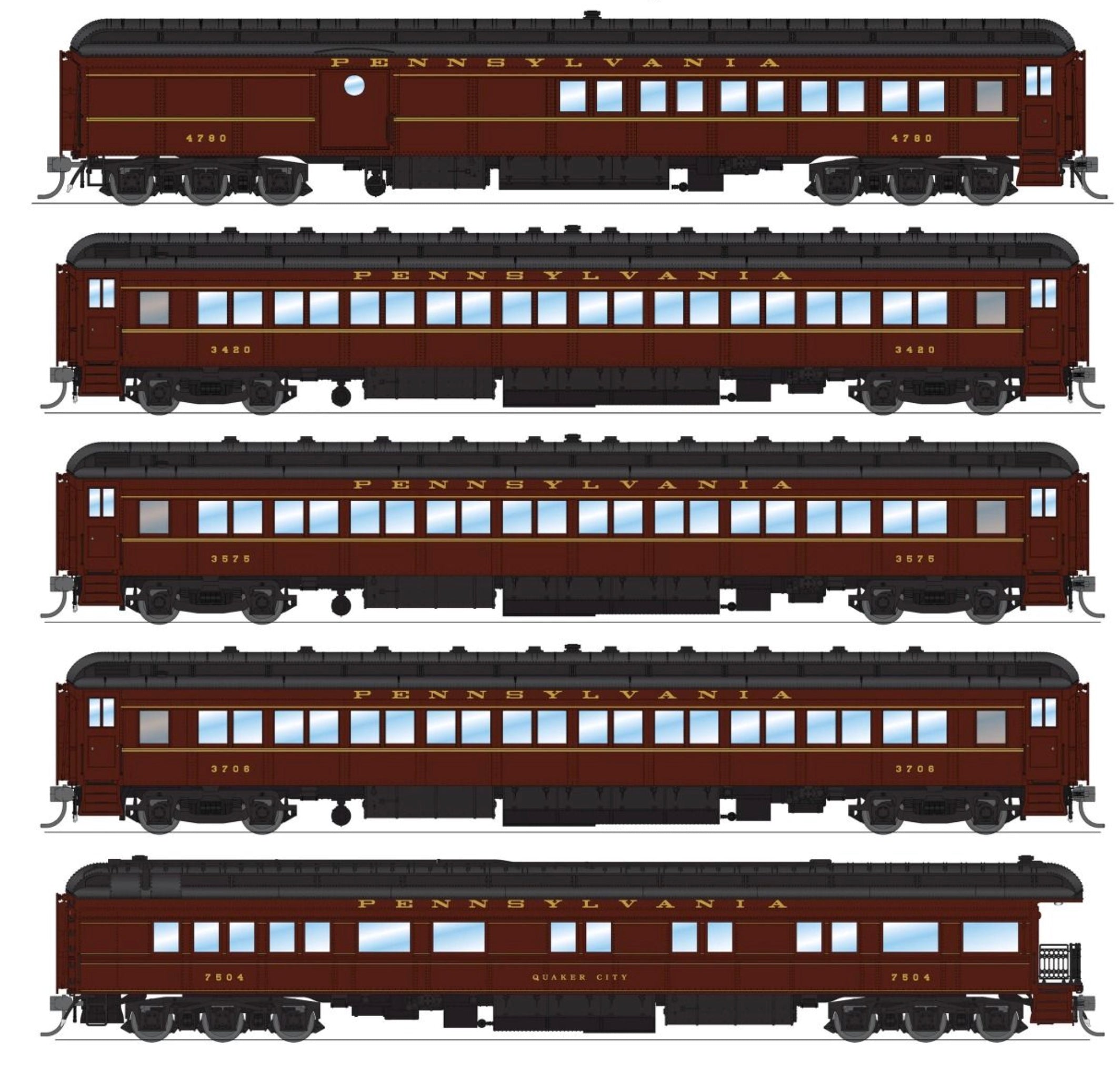 Broadway Limited Imports HO 8965 PRR 5-Car Set - PB70 Combine, 3 P70Coach, Z74D Business Observation Set - RTR - Pennsylvania Railroad #4780, 3420, 3575, 3706, 7504 Quaker City (Late 1940s)