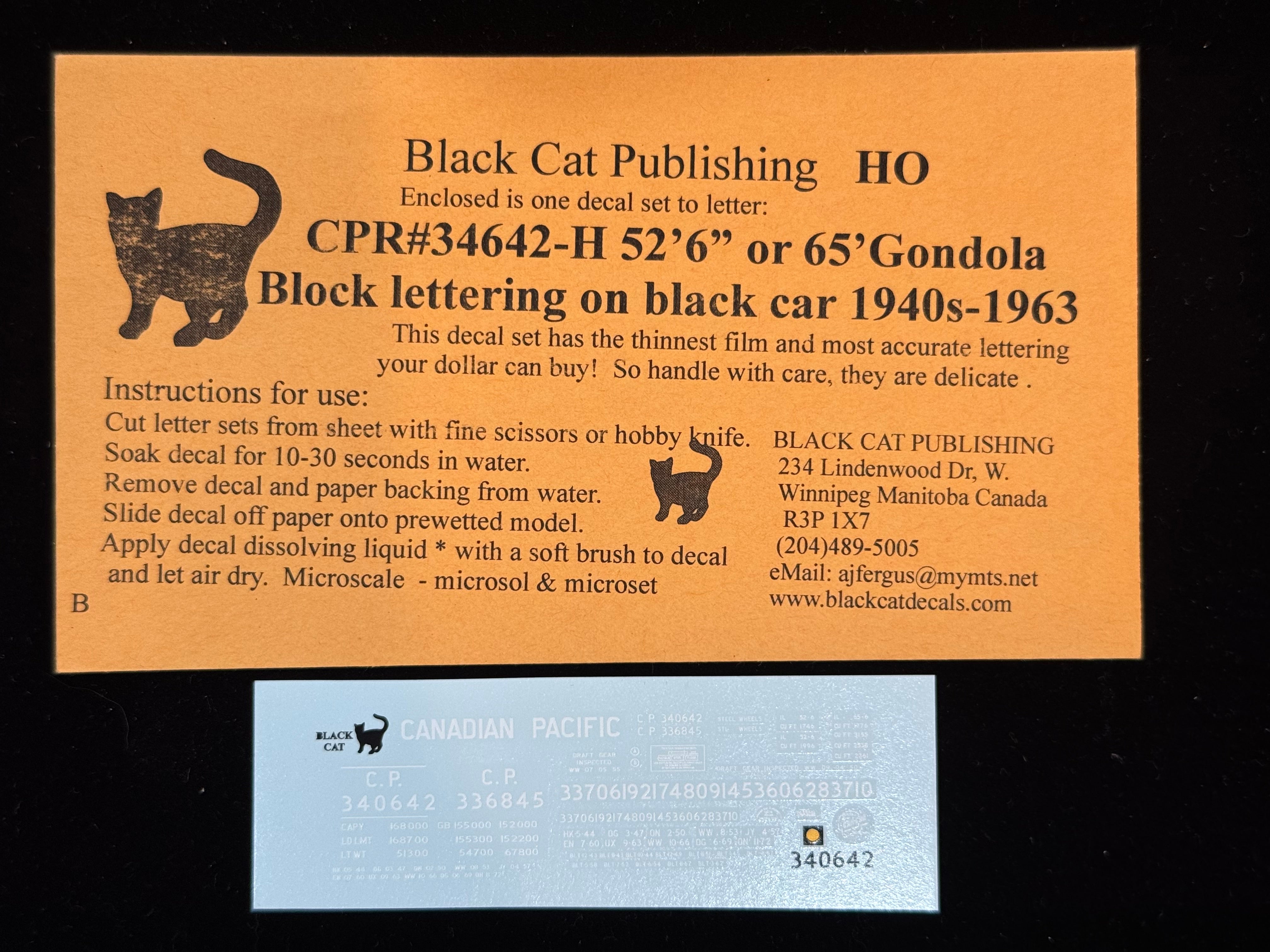 Black Cat Decals CPR340642-H HO 52'6" & 65' Gondola Block Lettering on Black Car 1940's-1963