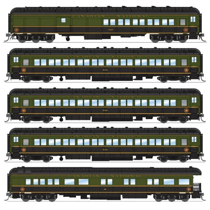 Broadway Limited Imports HO 9101 Heavyweight 5-Car Set - Combine, 3 P70 Coach, Business Car Set - Canadian National (1950s Scheme; green, black, yellow)