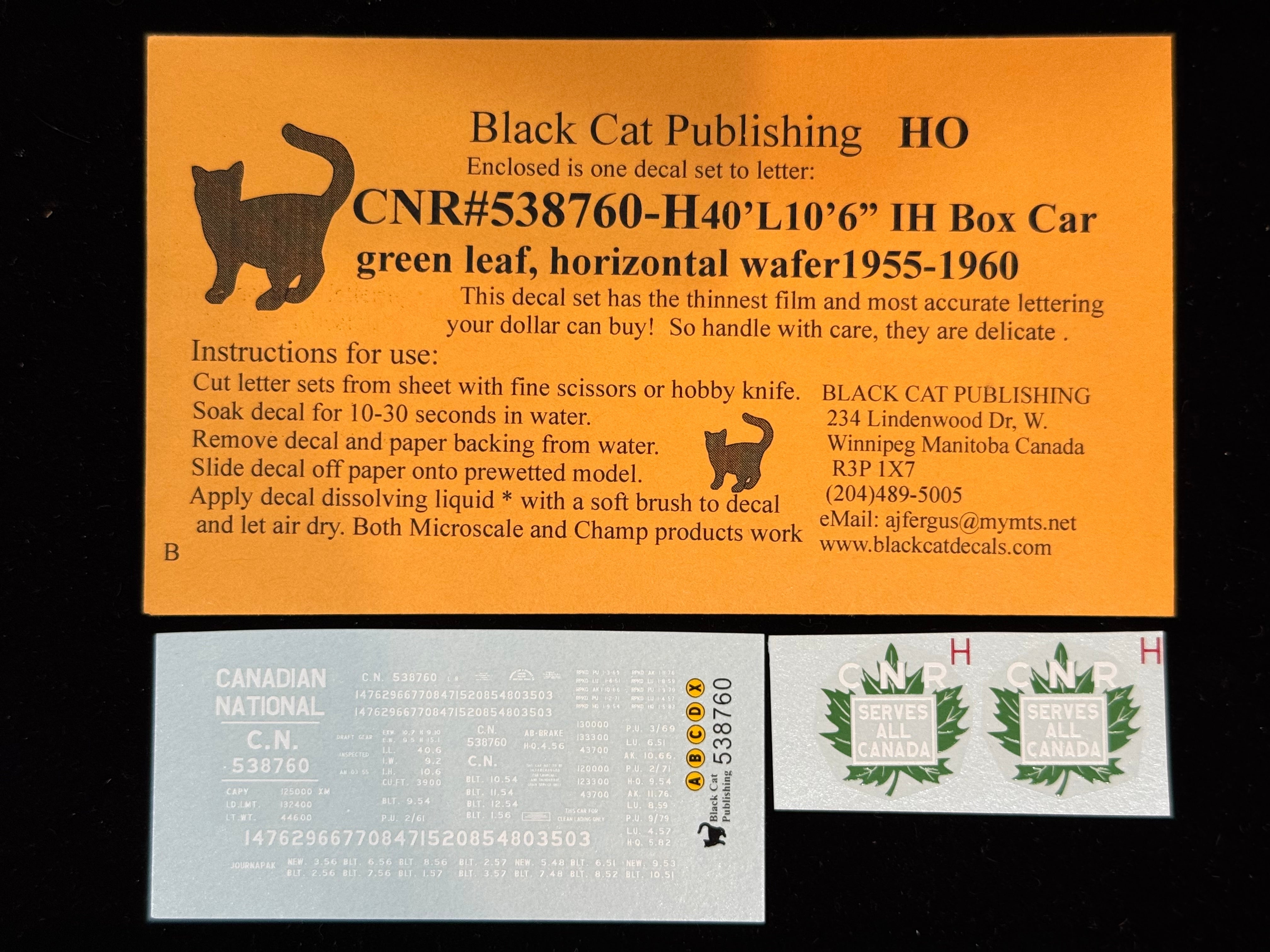 Black Cat Decals CNR538760-H HO CNR 40' L10'6" IH Box Car Green Leaf Horizontal Wafer 1955-1960