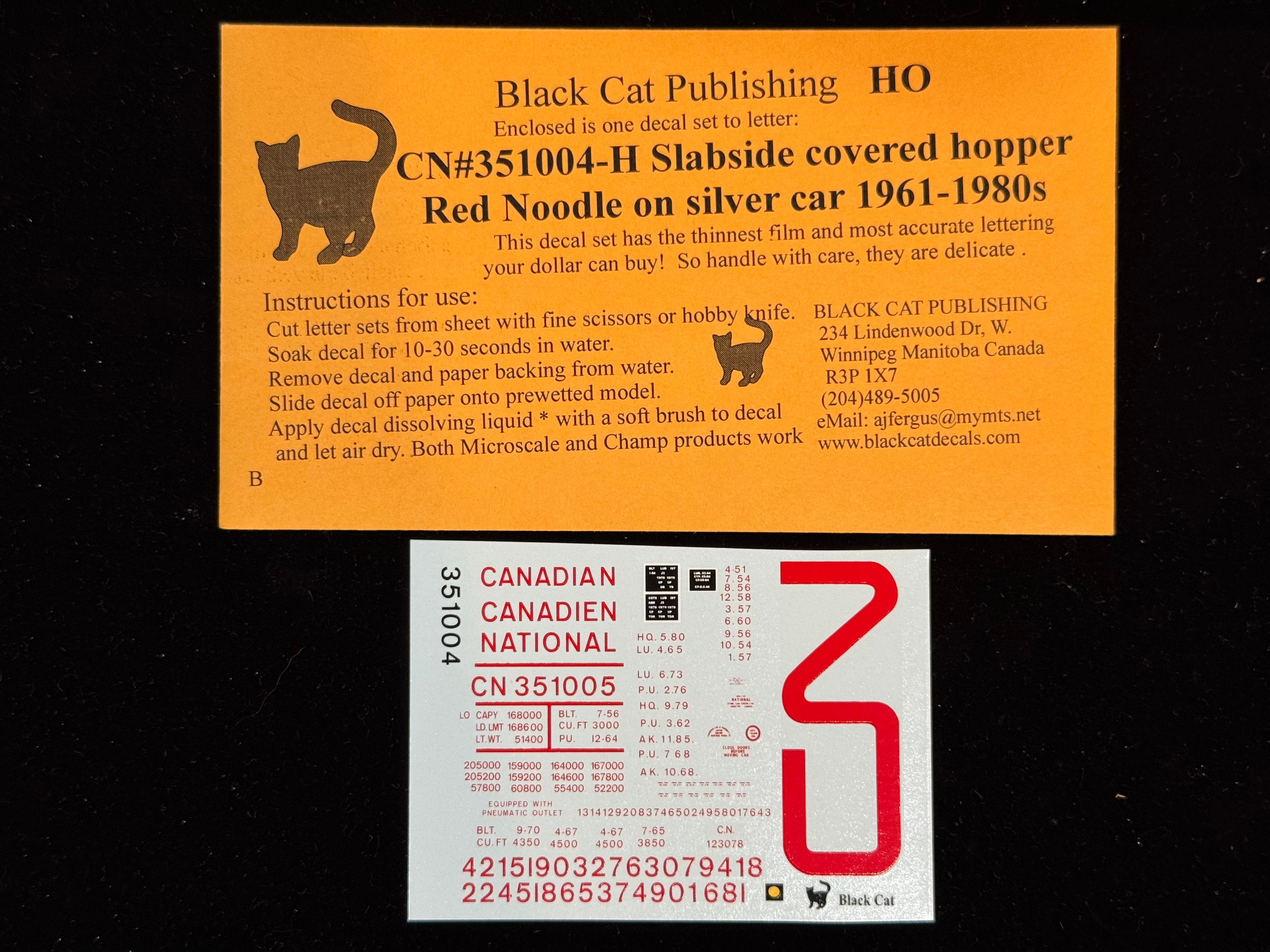Black Cat Decals CN351004-H HO Slabside Covered Hopper Red Noodle on Silver Car 1961-1980's