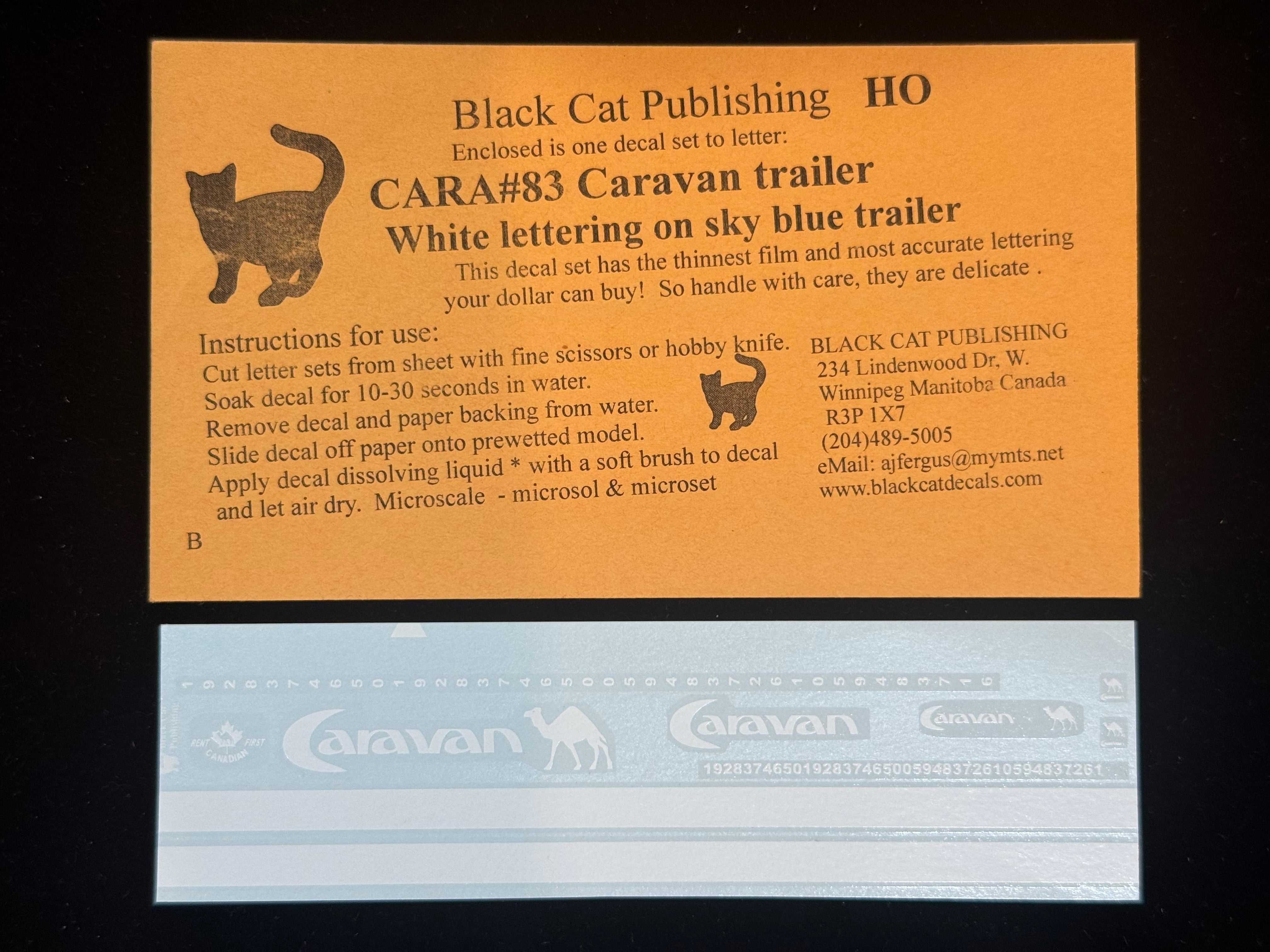 Black Cat Decals CARA83-H HO Caravan Trailer White Lettering on Sky Blue Trailer