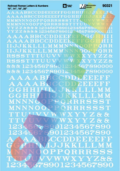 Microscale HO 90321 Alphabet Decal Set -- Railroad Roman Letters & Numbers 10, 14, 18, 20" (white)