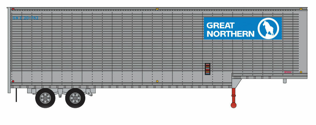 Trainworx Inc HO 8030202 40' Hi-Cube Drop-Frame Corrugated-Side Van Semi Trailer - Assembled -- Great Northern #2 (silver, blue, white; Rocky Logo)