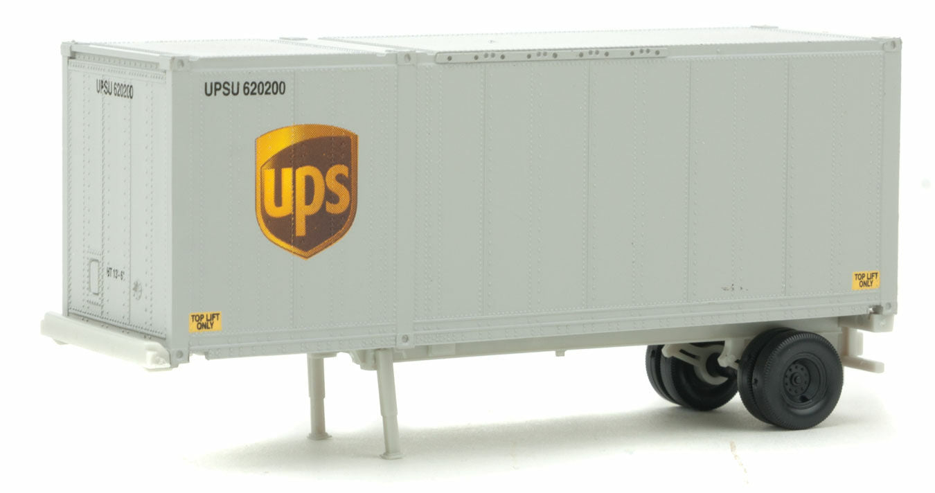 Walthers Scenemaster HO 8601 28' Container with Chassis 2-Pack - Assembled -- United Parcel Service (Modern Shield Logo; gray, brown, yellow)