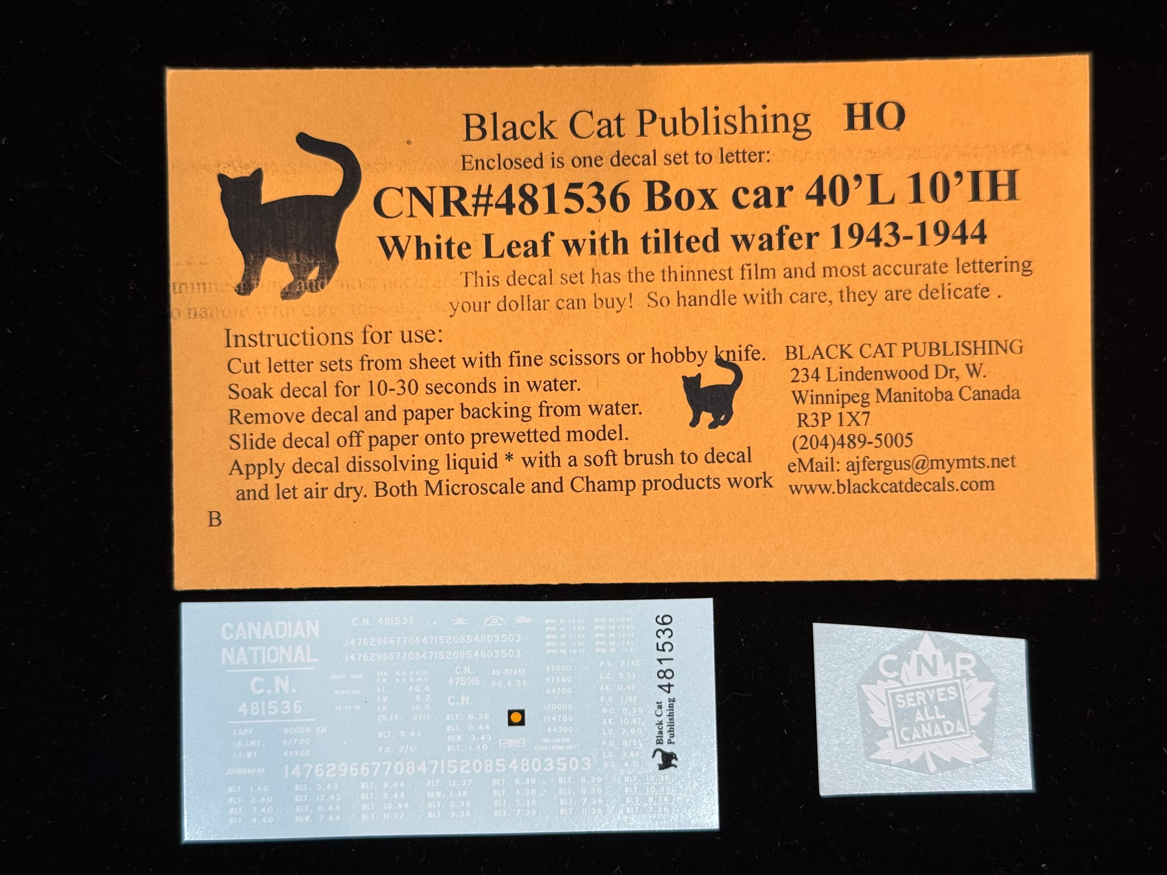 Black Cat Decals CNR481536 HO CNR Box Car 40'L x 10'H White Leaf with Tilted Wafer 1943-1944