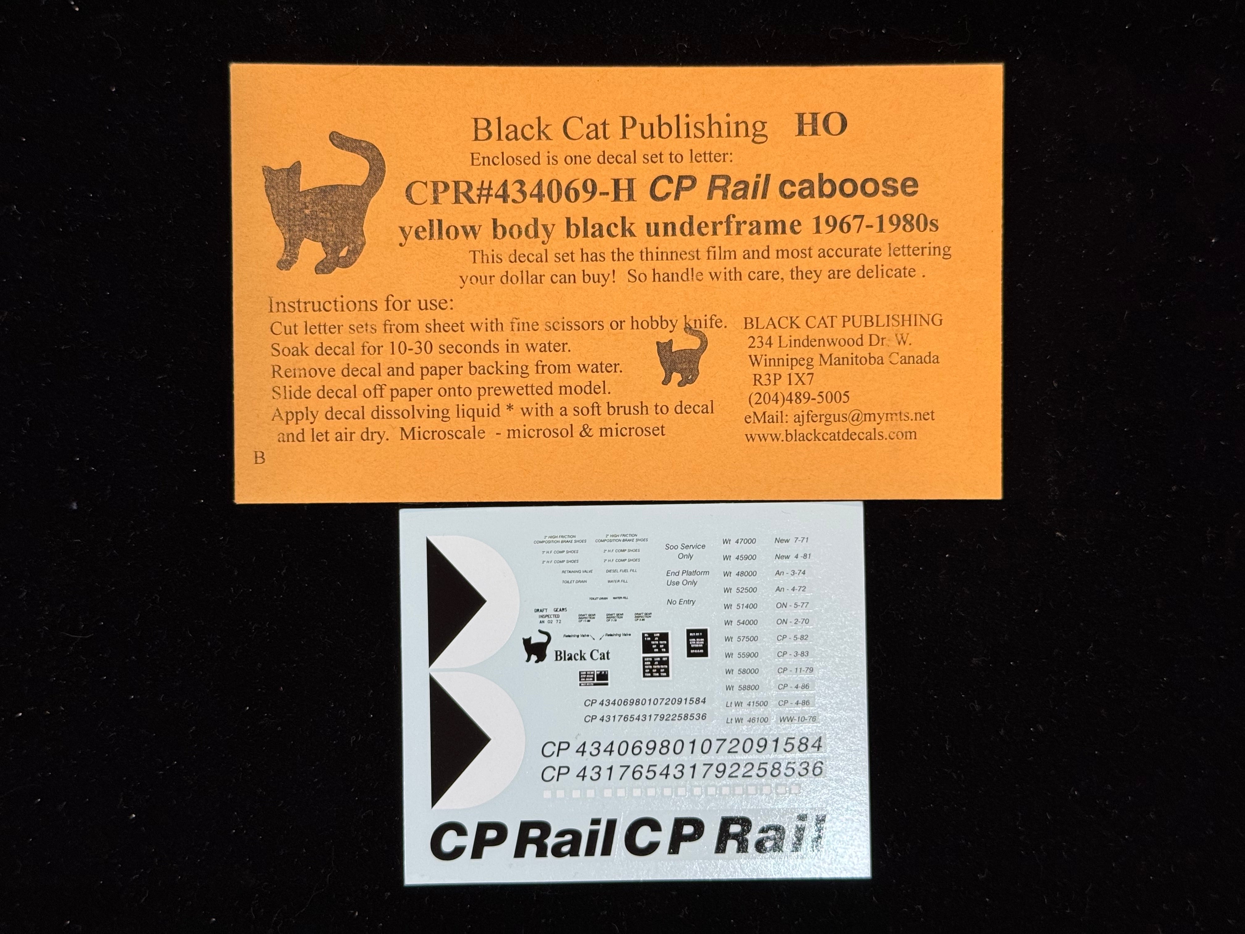 Black Cat Decals CPR434069-H HO CP Rail Caboose Yellow Body Black Underframe 1967-1980's