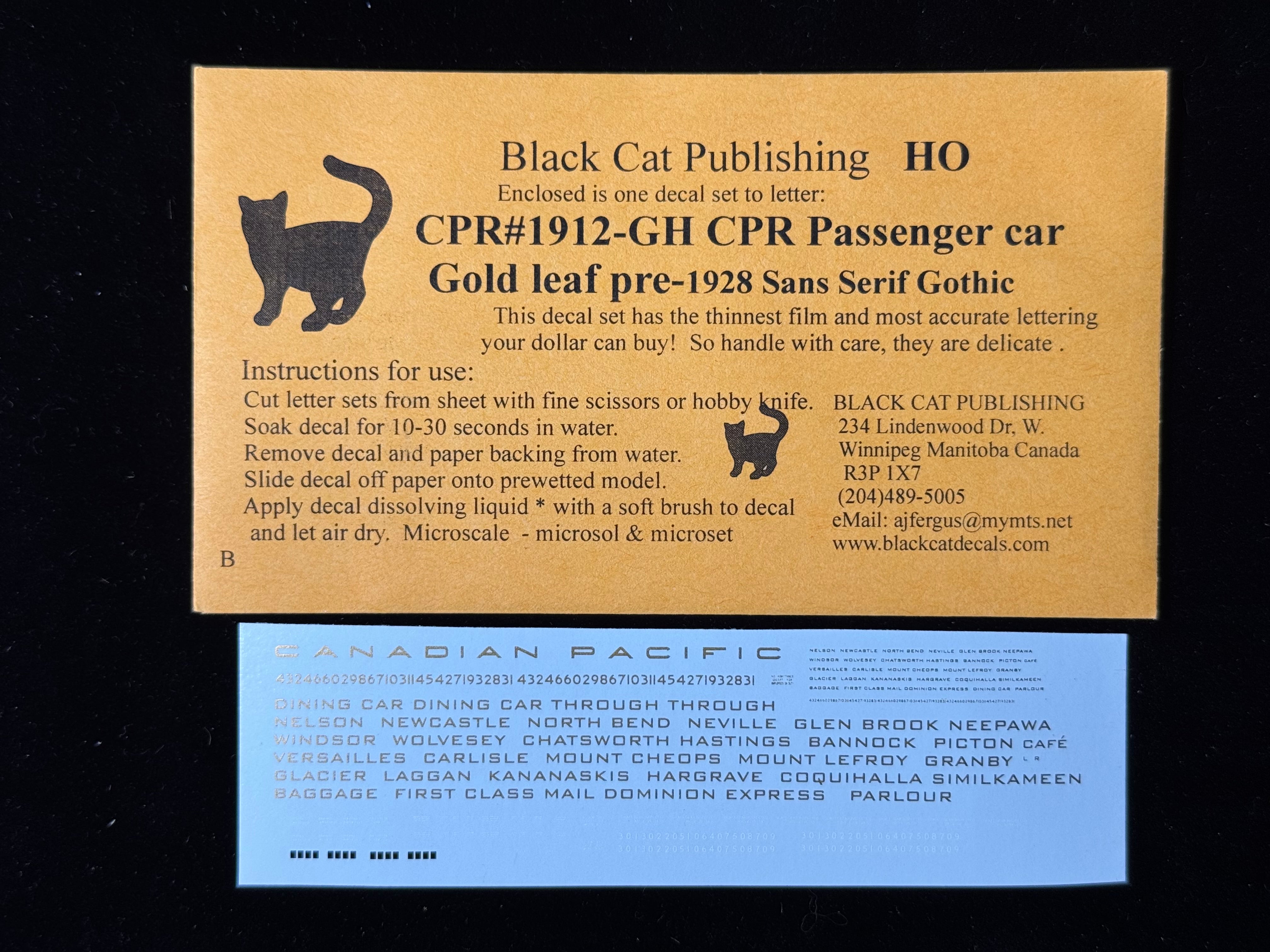 Black Cat Decals CPR1912-GH HO CPR Passenger Car Gold Leaf Pre-1928 San-Serif Gothic