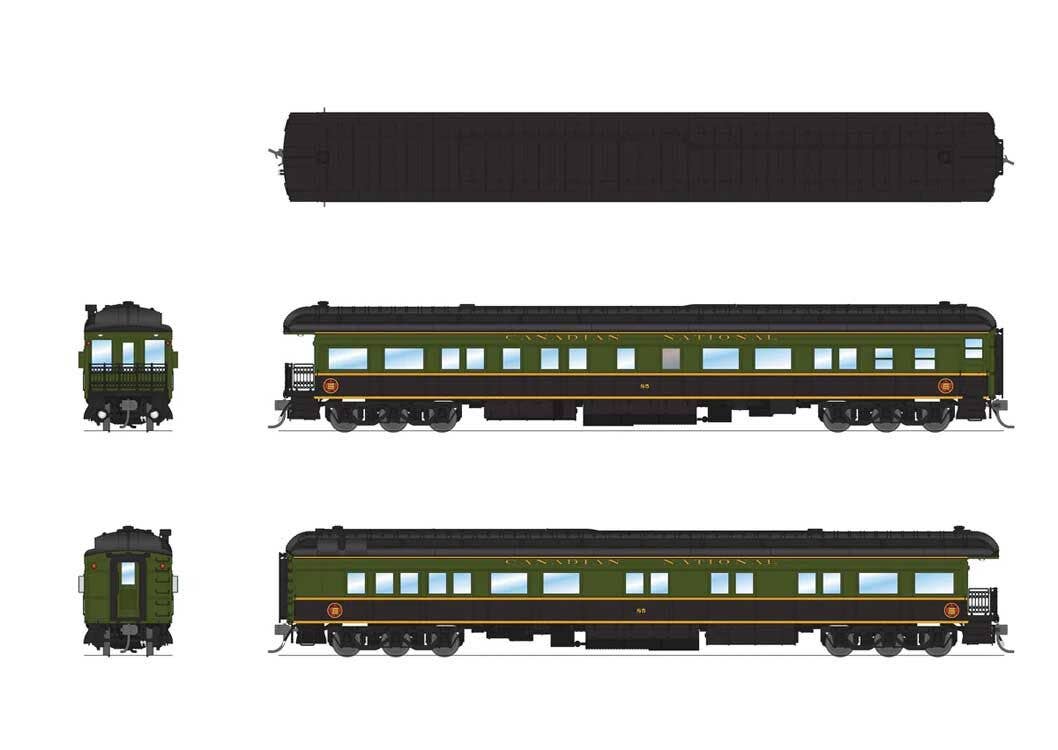 Broadway Limited Imports HO 9101 Heavyweight 5-Car Set - Combine, 3 P70 Coach, Business Car Set - Canadian National (1950s Scheme; green, black, yellow)