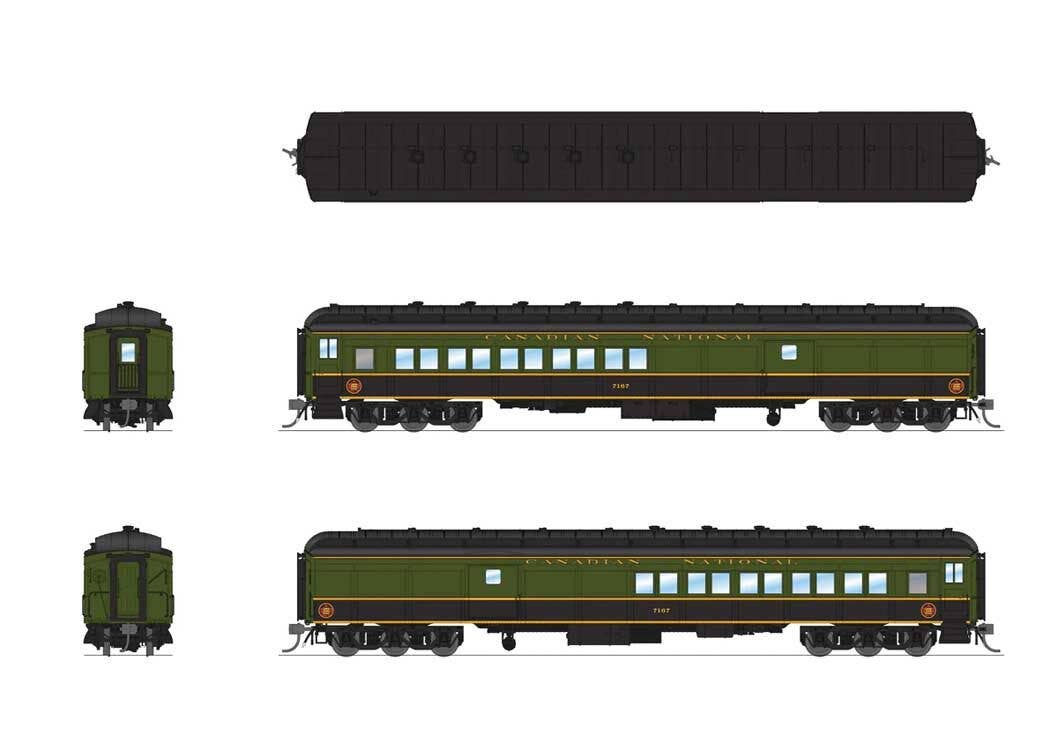Broadway Limited Imports HO 9101 Heavyweight 5-Car Set - Combine, 3 P70 Coach, Business Car Set - Canadian National (1950s Scheme; green, black, yellow)