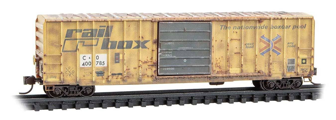 Micro Trains N 2544443 50' Rib-Side Single-Door Boxcar No Roofwalk - Chesapeake & Ohio #400785 (Weathered, Patched Ex-Railbox, yellow Series #7)