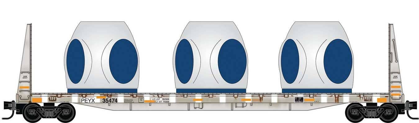Micro Trains N 5444470 61' 8" Bulkhead Flatcar w/Wind Turbine Blade Mounts - Transportation Technology Services PEYX #35474 (For BNSF Wind Turbine Train)