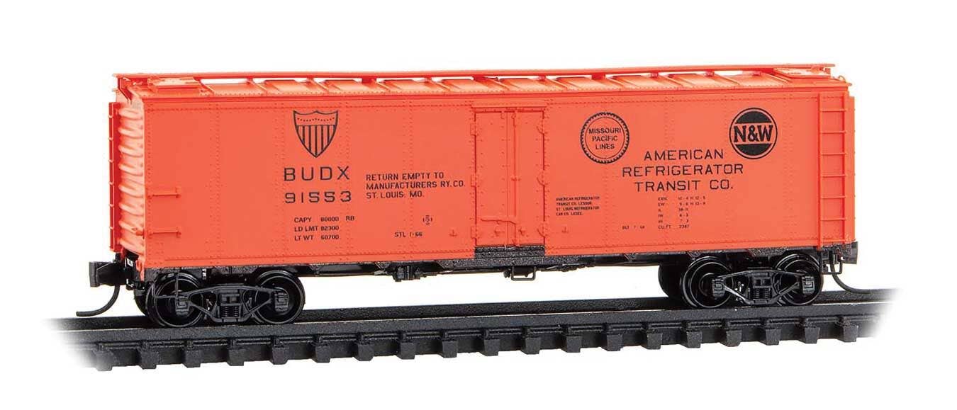Micro Trains N 5900290 40' Steel Ice Reefer - American Refrigerator Transit BUDX #91553 (orange, black, MP & N&W Logos)