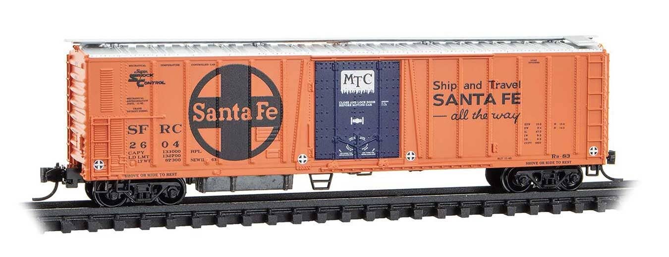 Micro Trains N 7000120 51' 3-3/4" Rib-Side Mechanical Reefer - Santa Fe #2604 (orange, blue, black, MTC& Large Logo)