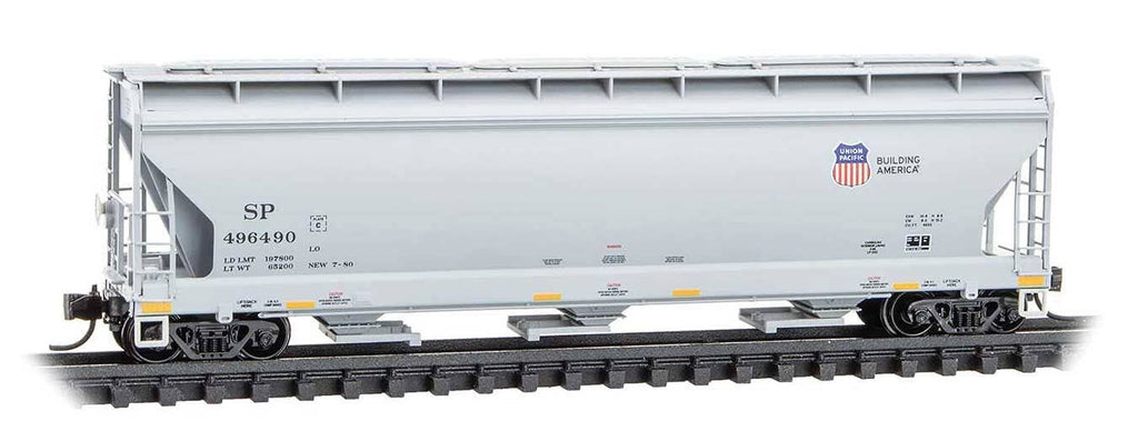 Micro Trains N 9400970 ACF 3-Bay Center Flow Covered Hopper with Elongated Hatches - Union Pacific SP #496490 (gray, Building America Logo, yellow conspicuity ma
