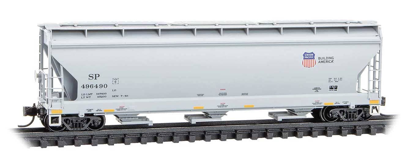 Micro Trains N 9400970 ACF 3-Bay Center Flow Covered Hopper with Elongated Hatches - Union Pacific SP #496490 (gray, Building America Logo, yellow conspicuity ma