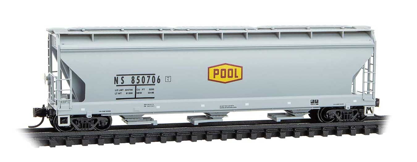Micro Trains N 9400980 ACF 3-Bay Center Flow Covered Hopper with Elongated Hatches - Norfolk Southern #850706 (Ex-Pool Co-Op, gray, yellow, red)