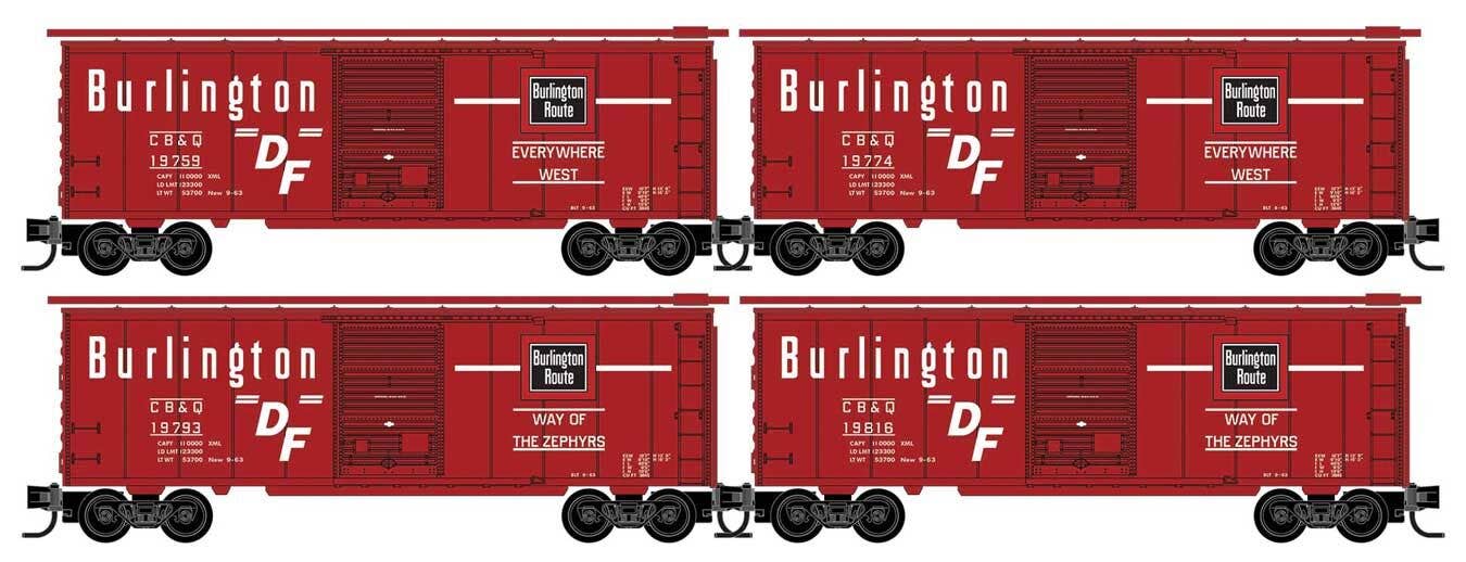 Micro Trains N 98300240 40' Single-Door Boxcar 4-Pack - Chicago, Burlington & Quincy #19759, 19774, 19793, 19816 (red, white, black)