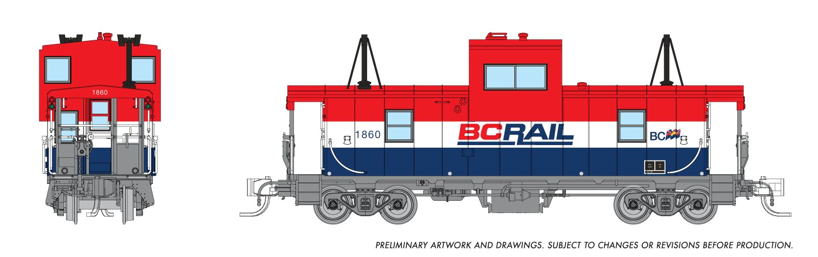 Rapido 510013 N Wide Vision Caboose: BC Rail - Red/White/Blue Scheme: #1860
