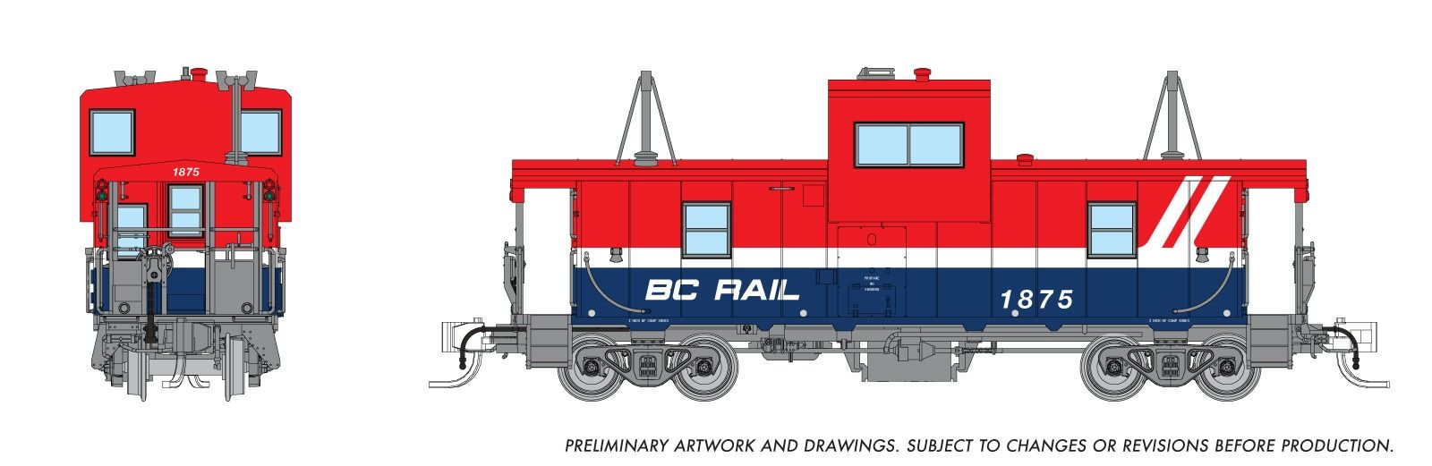 Rapido 510055 N Wide Vision Caboose: BC Rail - Red/Blue Hockey Scheme: #1875