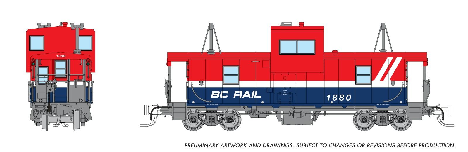 Rapido 510056 N Wide Vision Caboose: BC Rail - Red/Blue Hockey Scheme: #1880