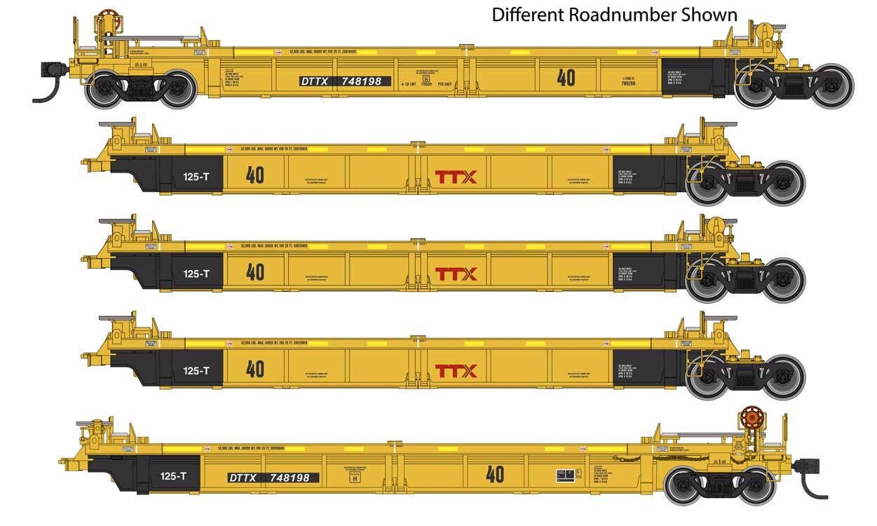 Walthers HO 55629 Thrall 5-Unit Rebuilt 40' Well Car - TTX DTTX #748227 A-E (yellow, black, small red logo, yellow conspicuity stri