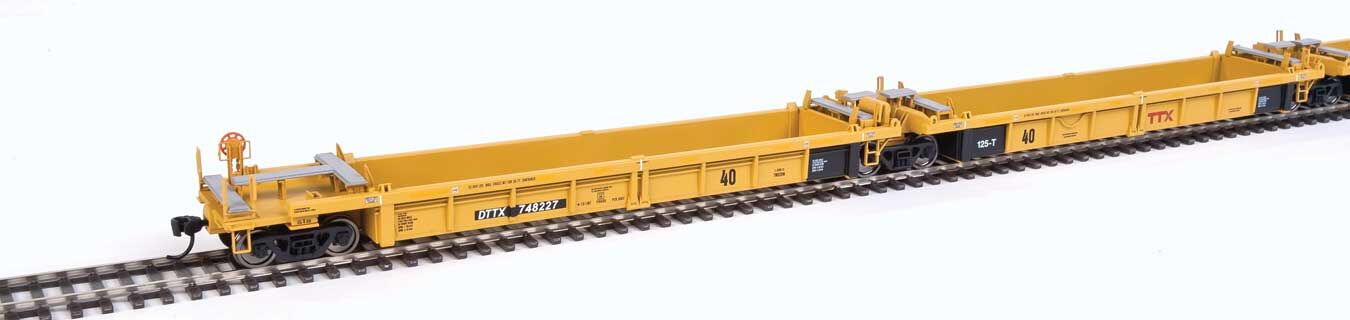 Walthers HO 55629 Thrall 5-Unit Rebuilt 40' Well Car - TTX DTTX #748227 A-E (yellow, black, small red logo, yellow conspicuity stri