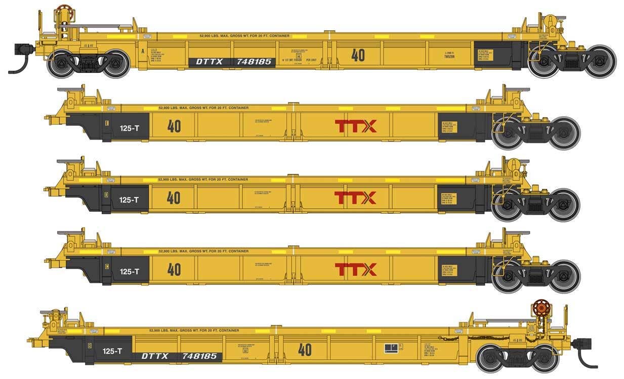 Walthers HO 55632 Thrall 5-Unit Rebuilt 40' Well Car - TTX DTTX #748185 A-E (yellow, black, large red logo, yellow conspicuity stri