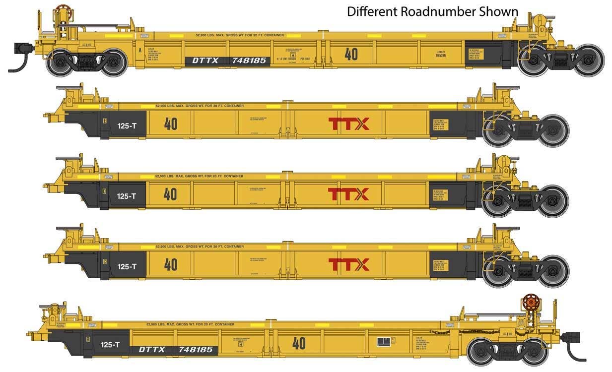 Walthers HO 55633 Thrall 5-Unit Rebuilt 40' Well Car - TTX DTTX #748298 A-E (yellow, black, large red logo, yellow conspicuity stri